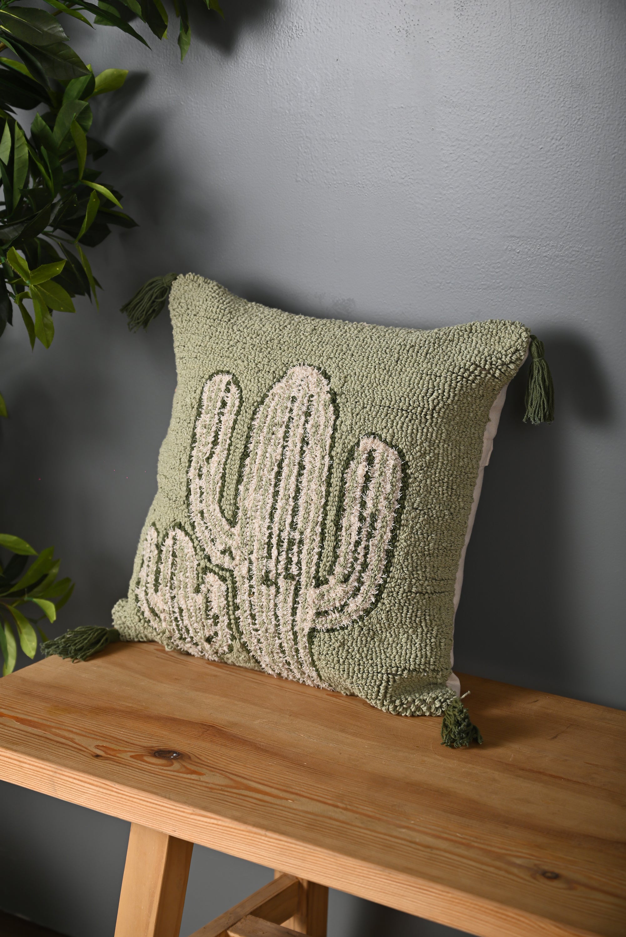 Green Truffted Cactus Design Cushion Cover