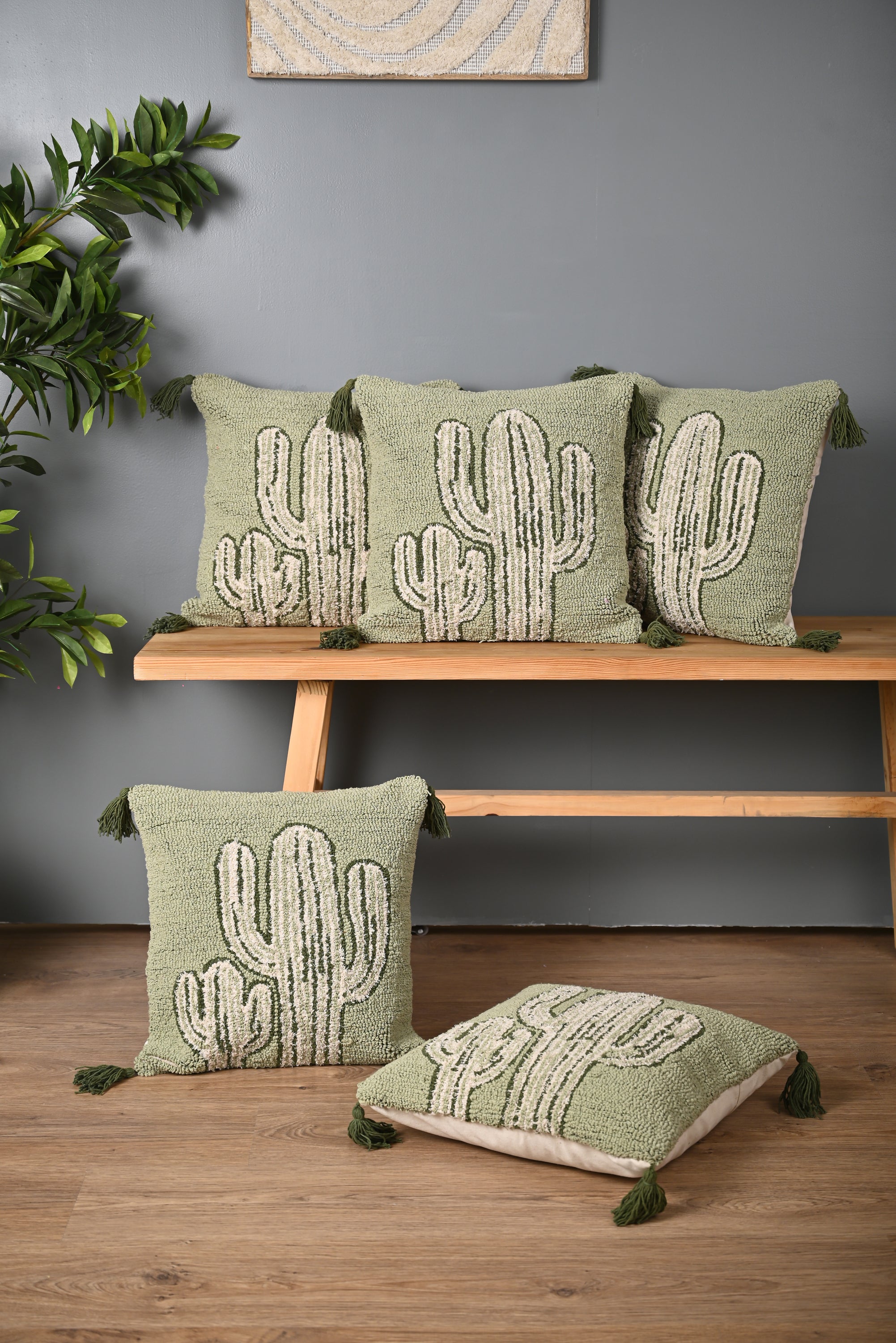 Green Truffted Cactus Design Cushion Cover