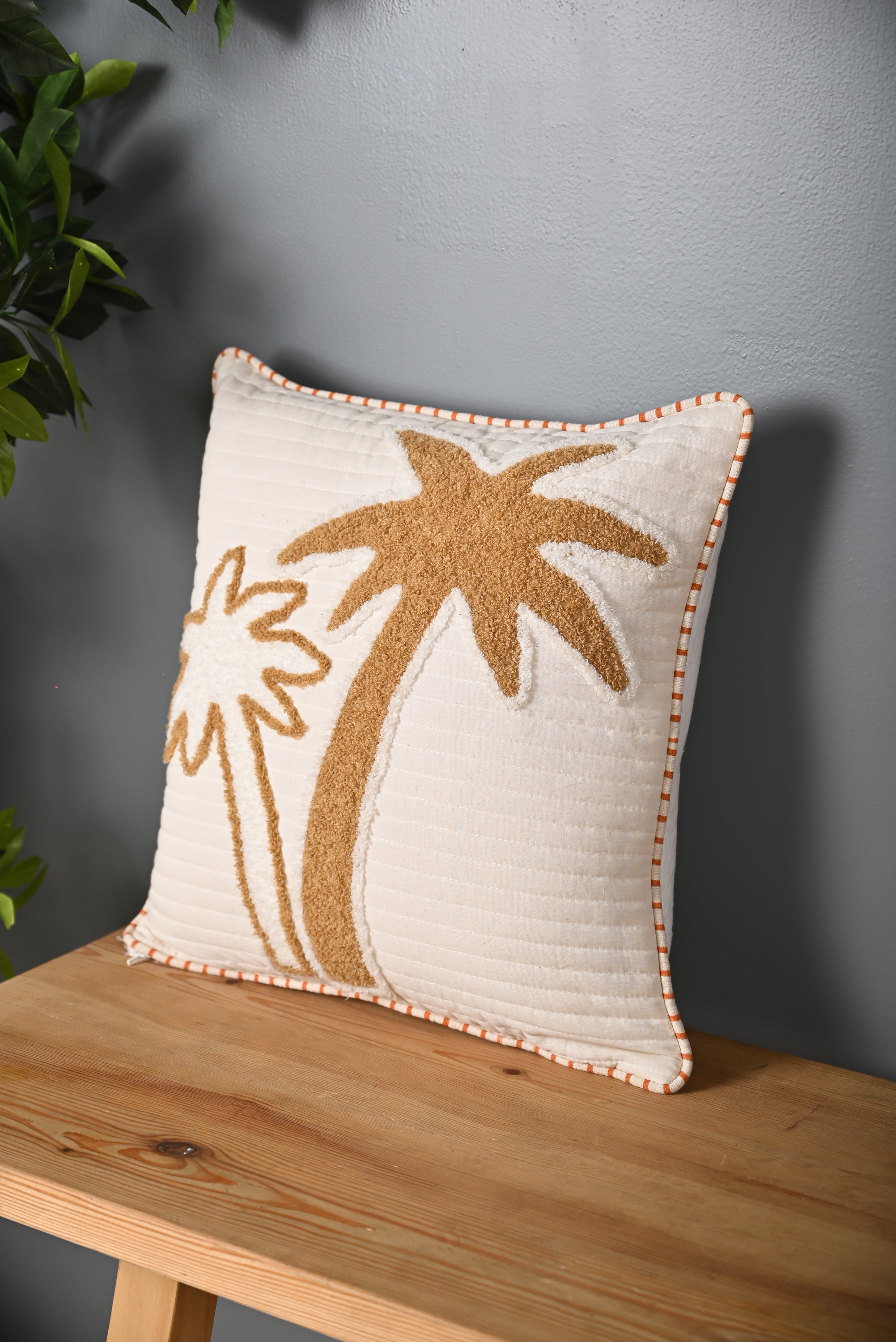 Beige Coconut Tree Design Truffted Cushion Cover