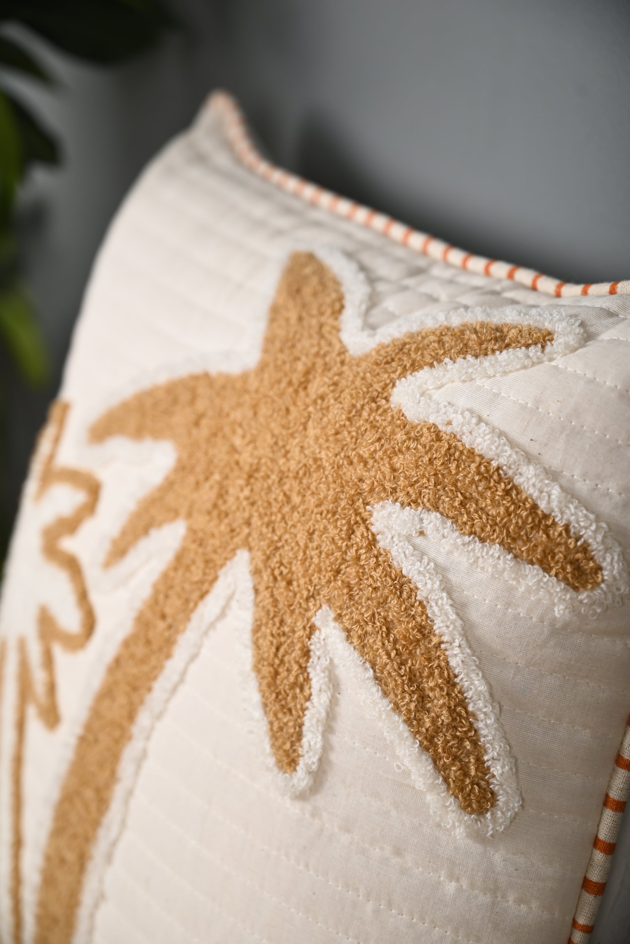 Beige Coconut Tree Design Truffted Cushion Cover