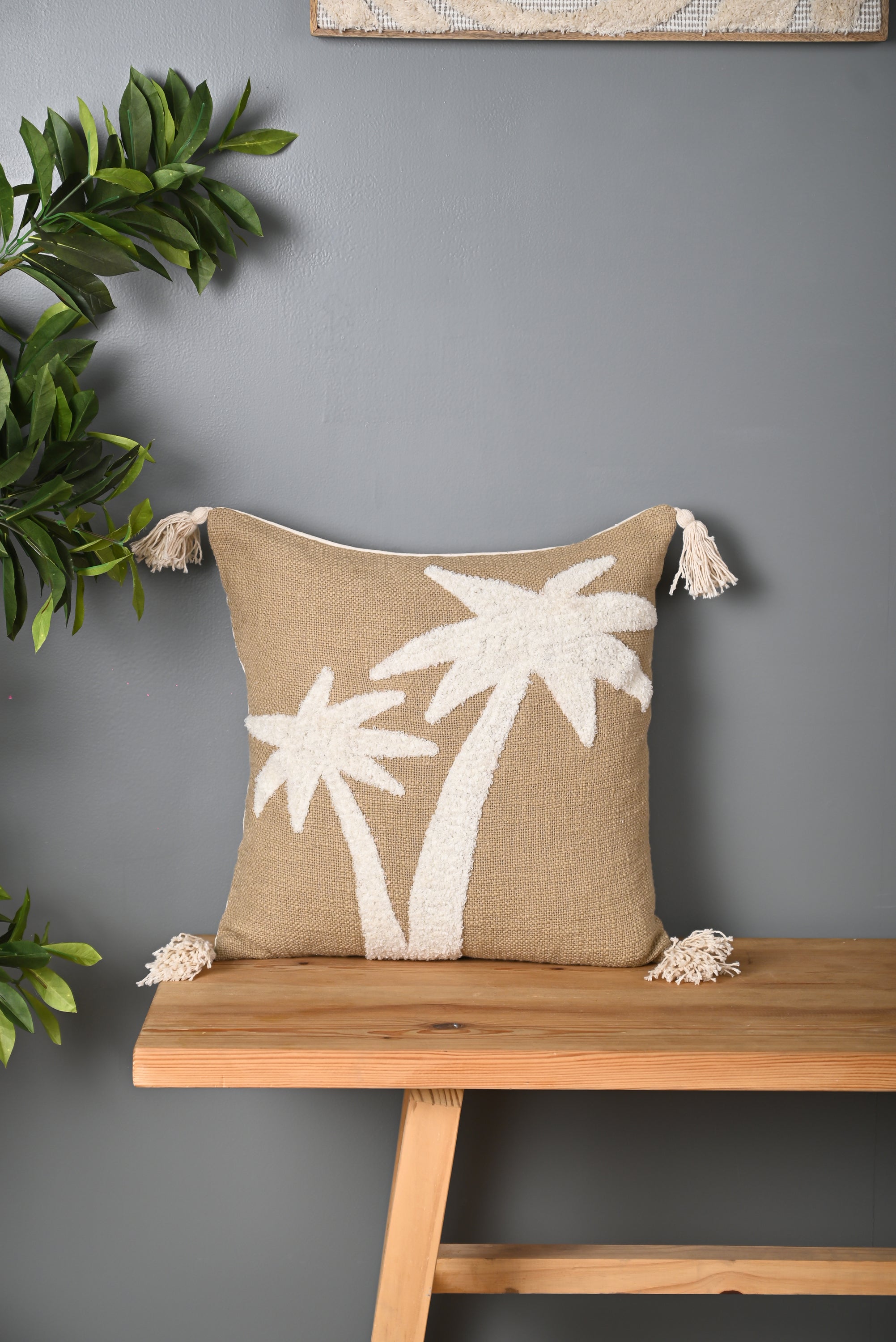 Beige Truffted Coconut Tree Design Cushion Cover