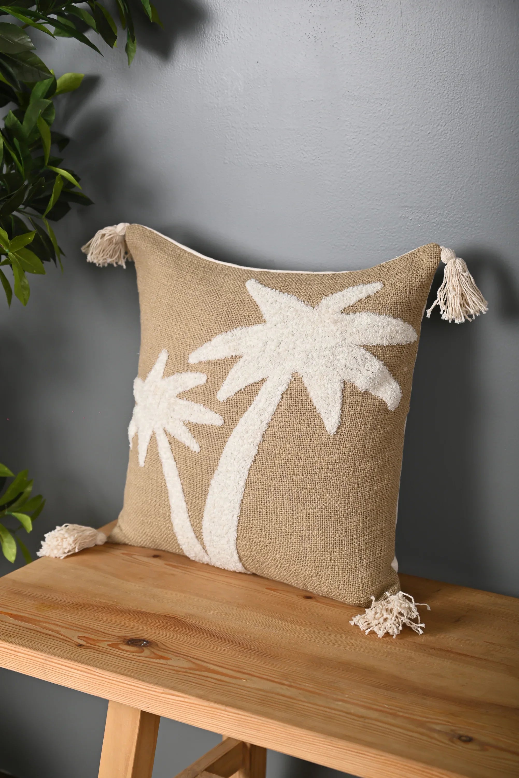 Beige Truffted Coconut Tree Design Cushion Cover - SanskrutiHomes