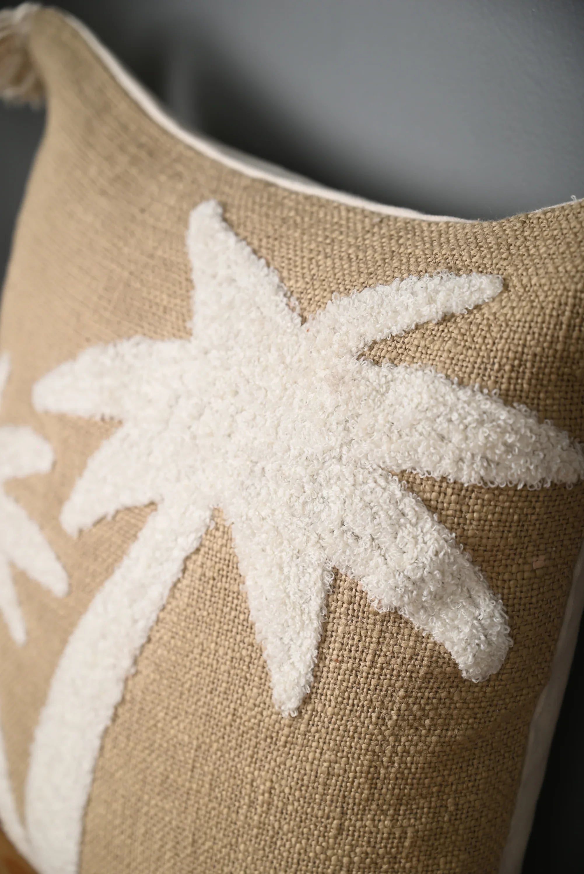 Beige Truffted Coconut Tree Design Cushion Cover - SanskrutiHomes