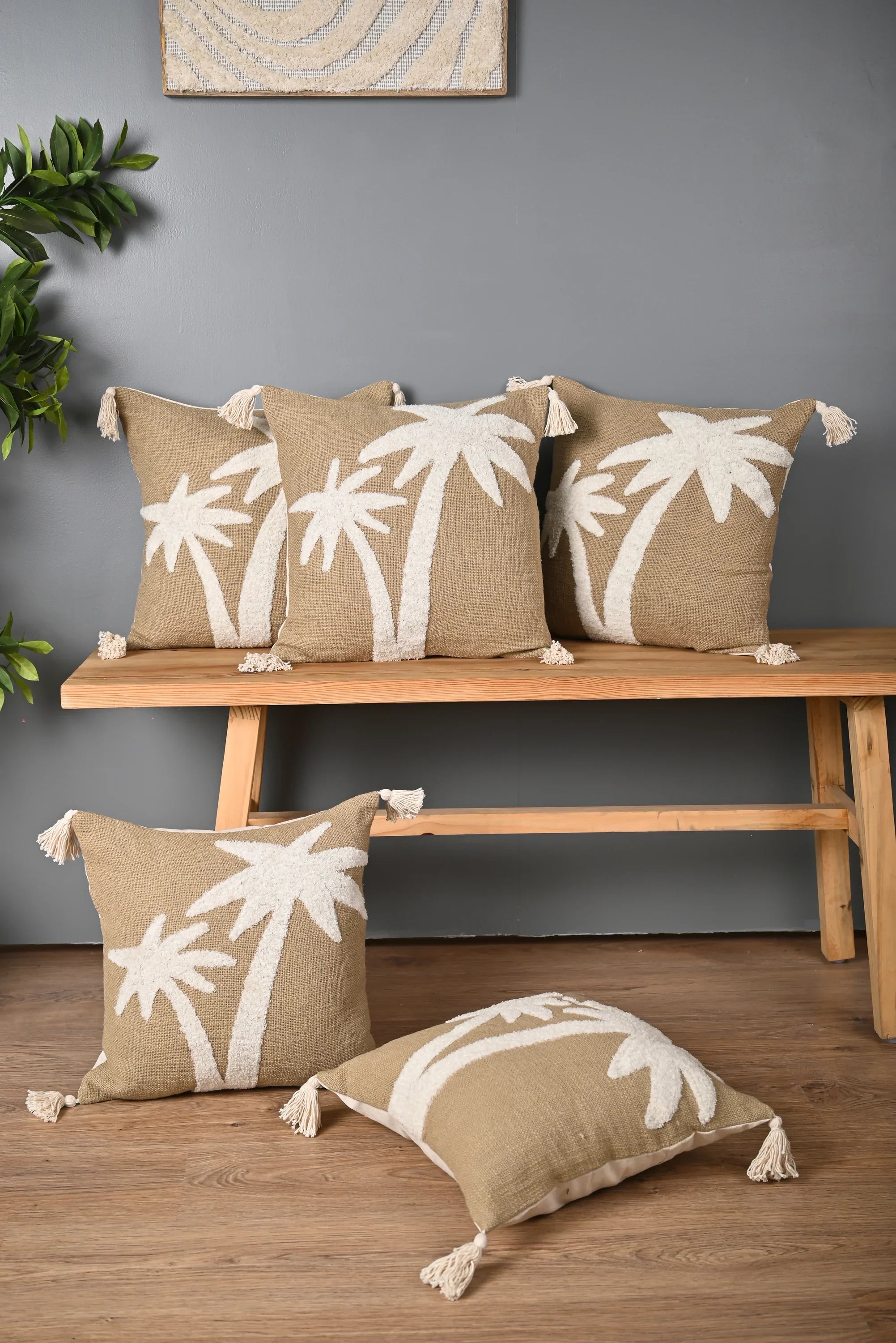 Beige Truffted Coconut Tree Design Cushion Cover - SanskrutiHomes