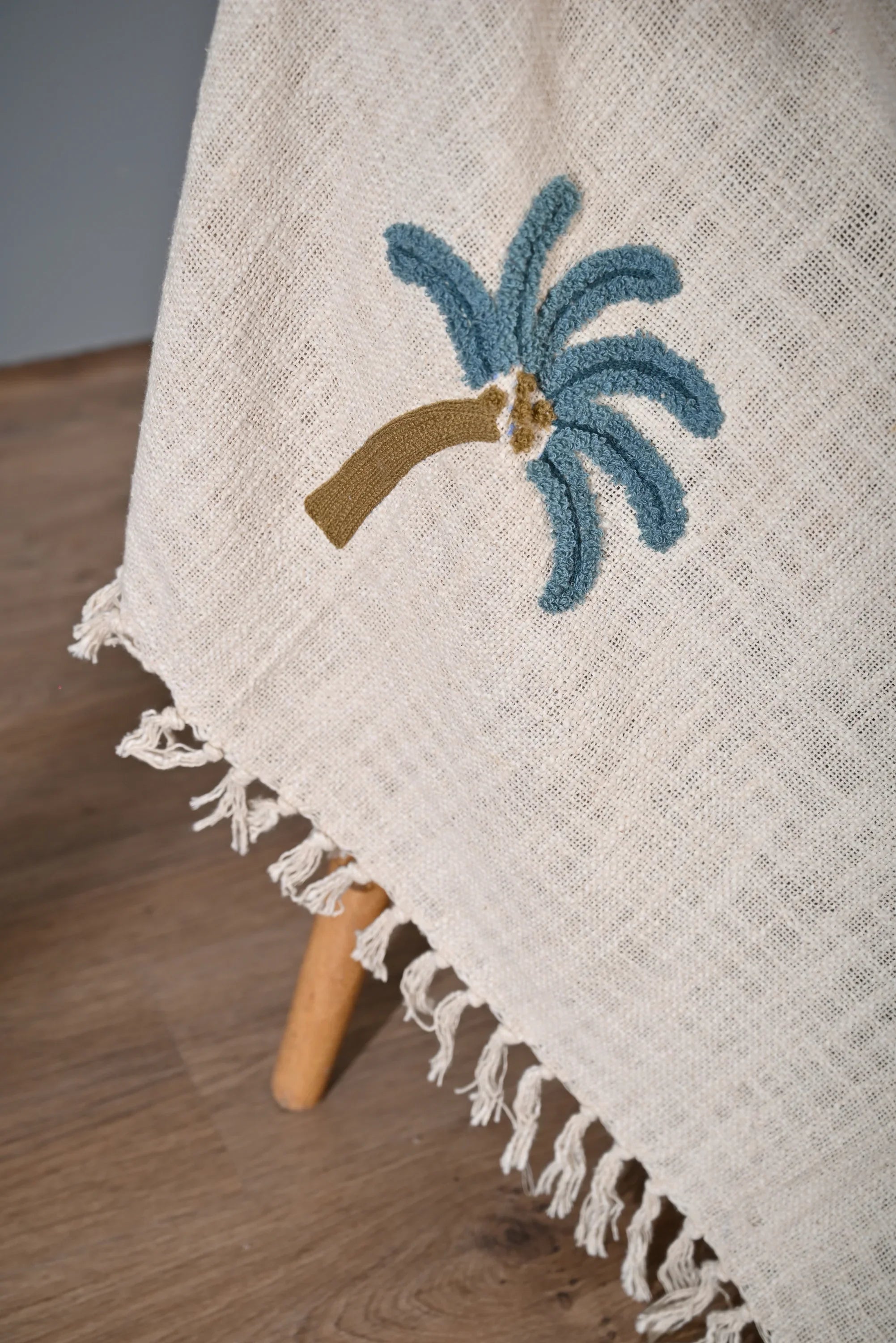 Beige Color Tree Embroidery and Tassel Throw - SanskrutiHomes