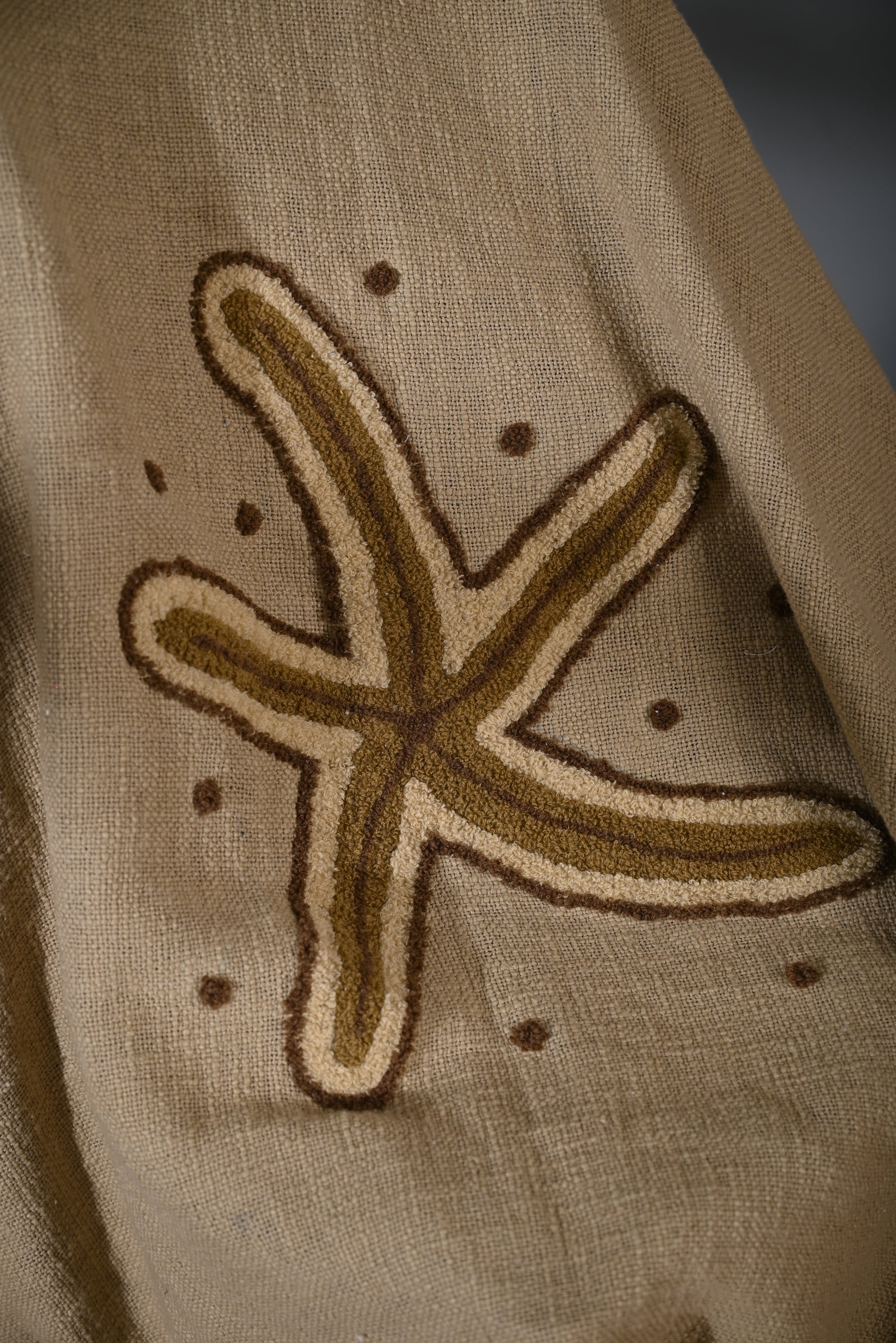 Beige Cotton Throw with Starfish Embroidery and Tassel Edges
