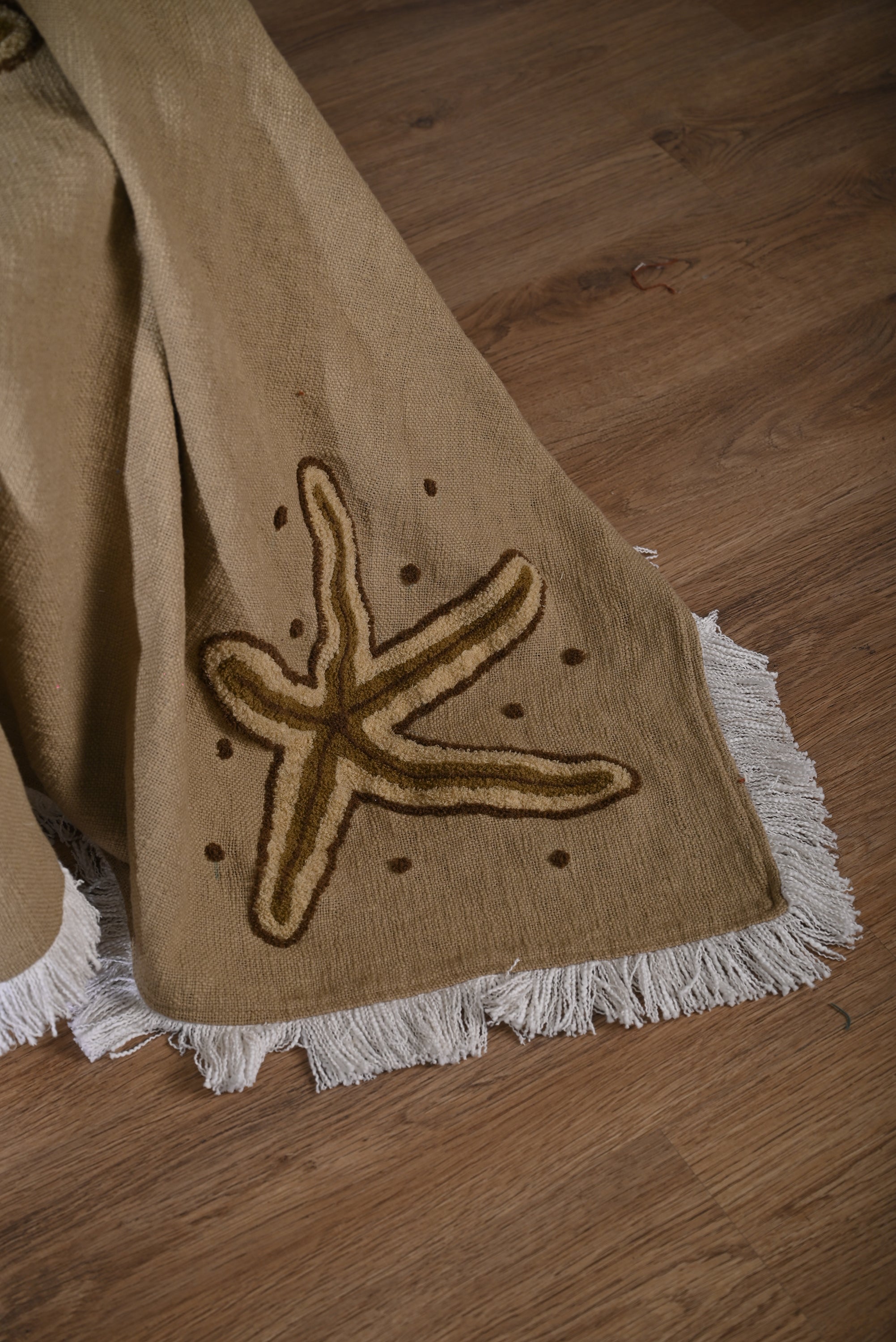 Beige Cotton Throw with Starfish Embroidery and Tassel Edges