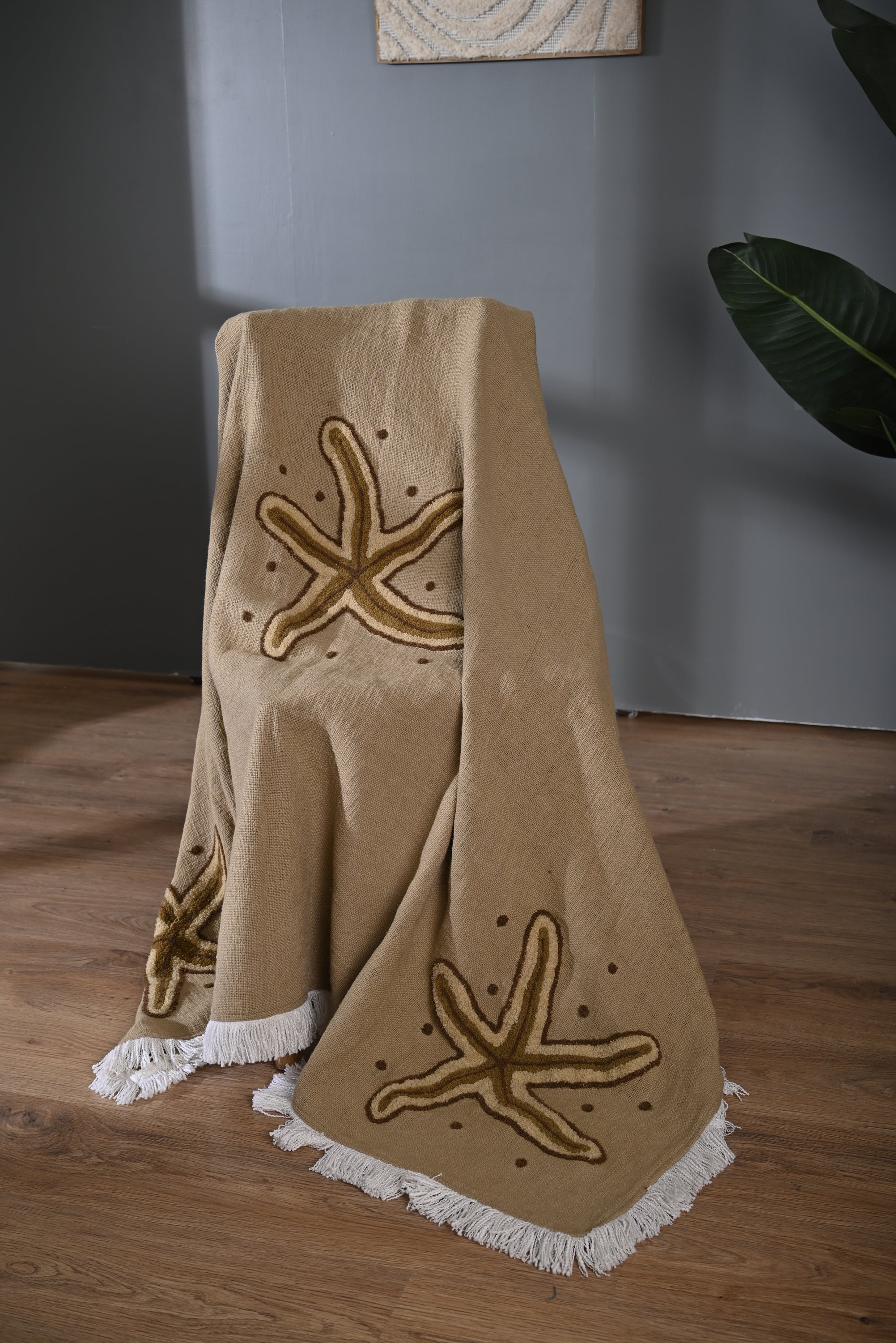 Beige Cotton Throw with Starfish Embroidery and Tassel Edges