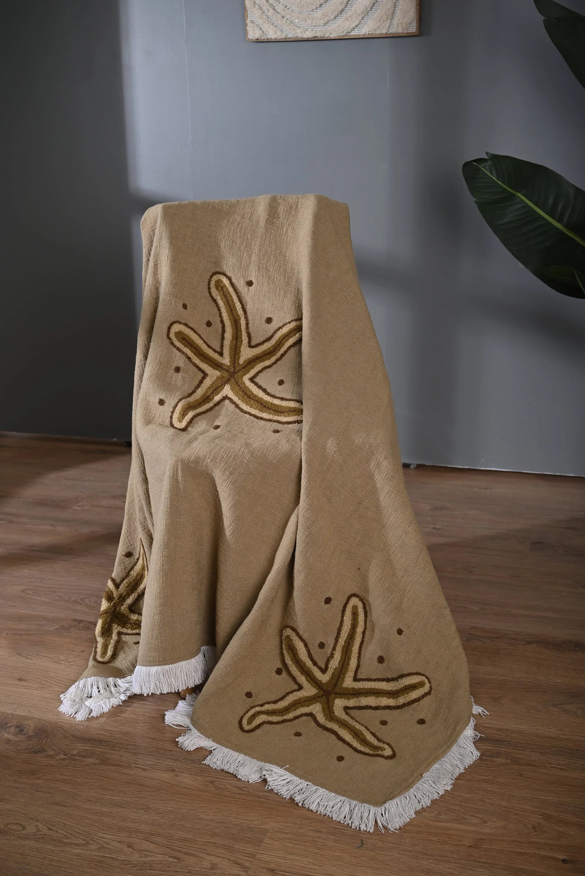 Beige Cotton Throw with Starfish Embroidery and Tassel Edges - SanskrutiHomes