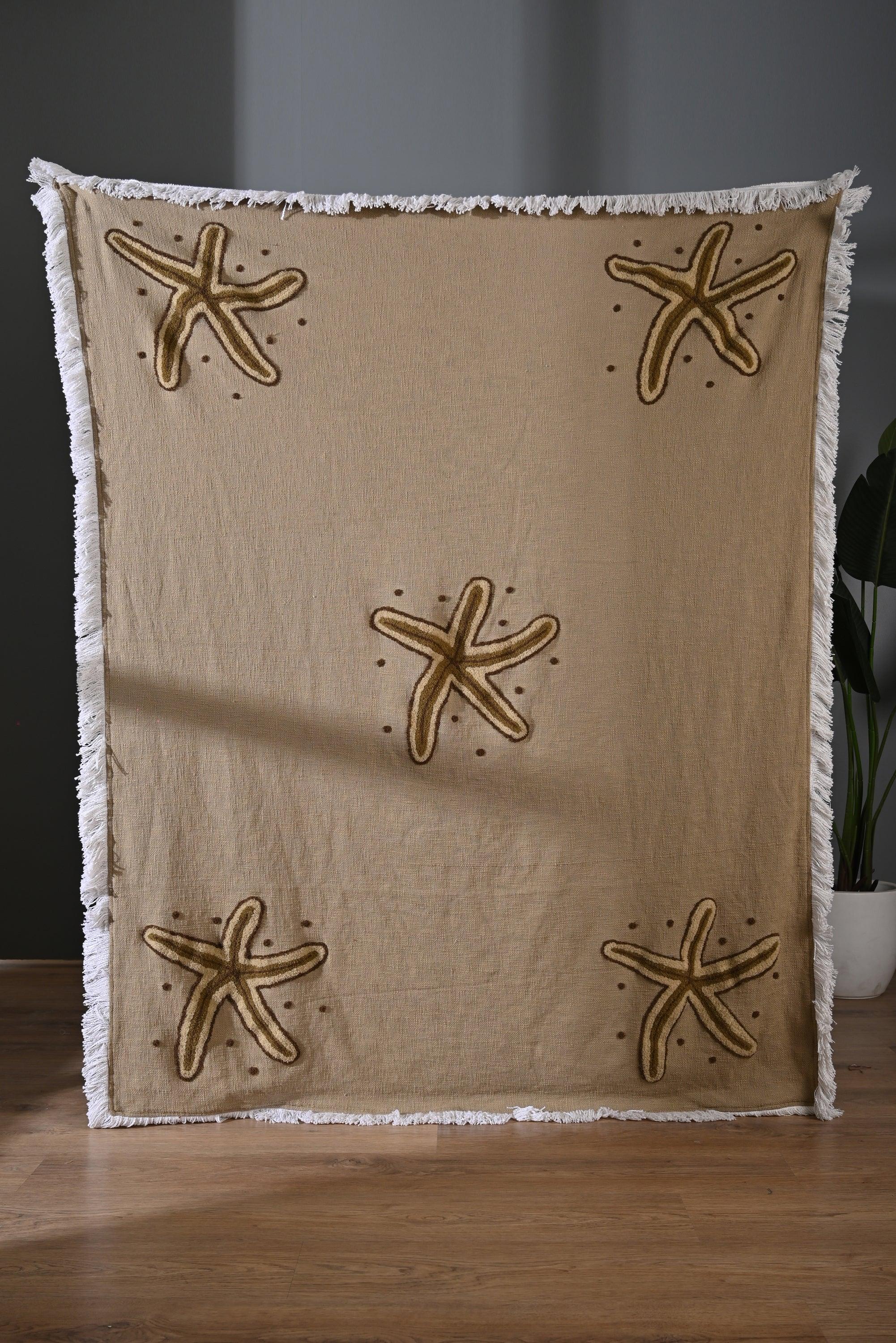 Beige Cotton Throw with Starfish Embroidery and Tassel Edges - SanskrutiHomes
