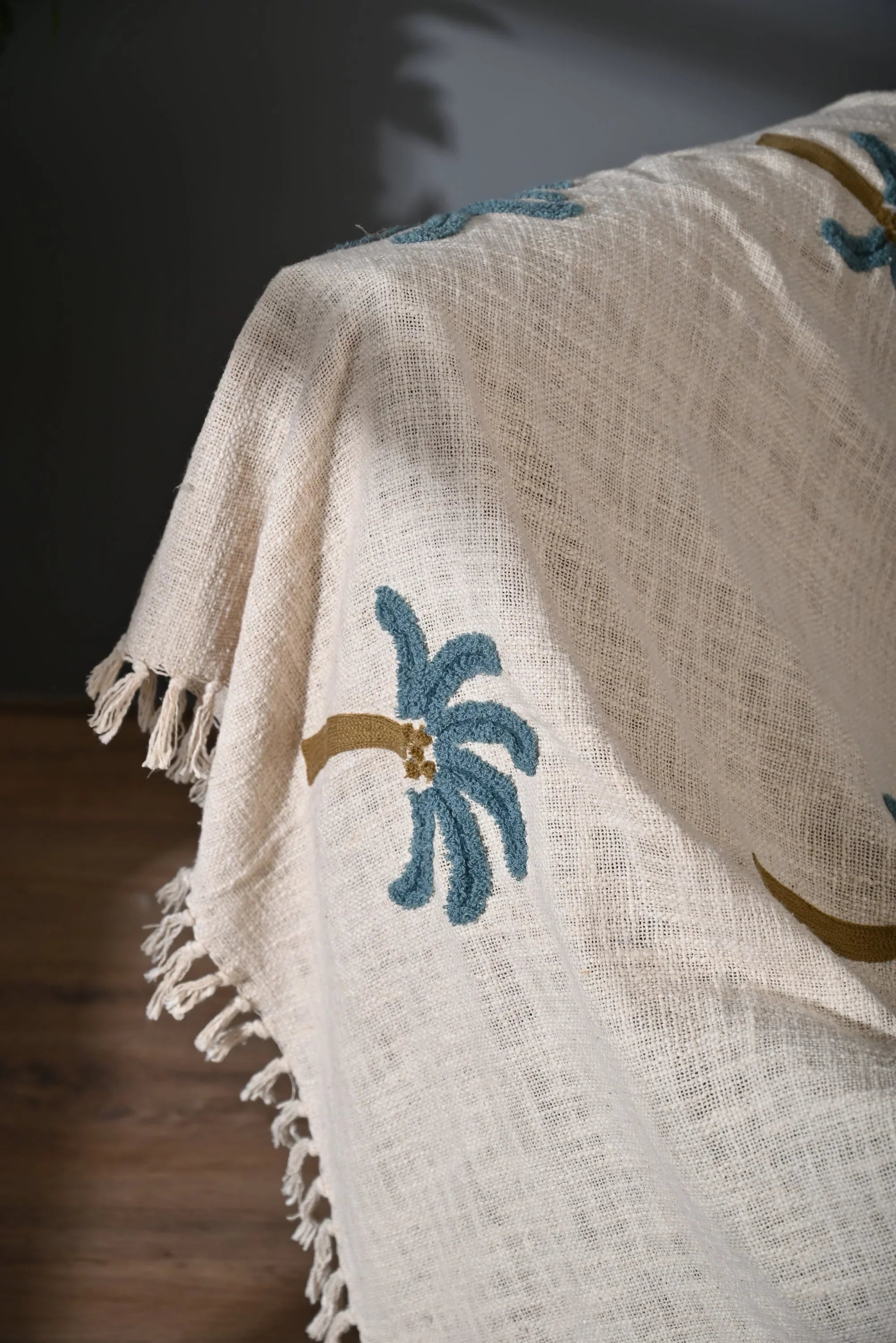 Beige Color Tree Embroidery and Tassel Throw - SanskrutiHomes