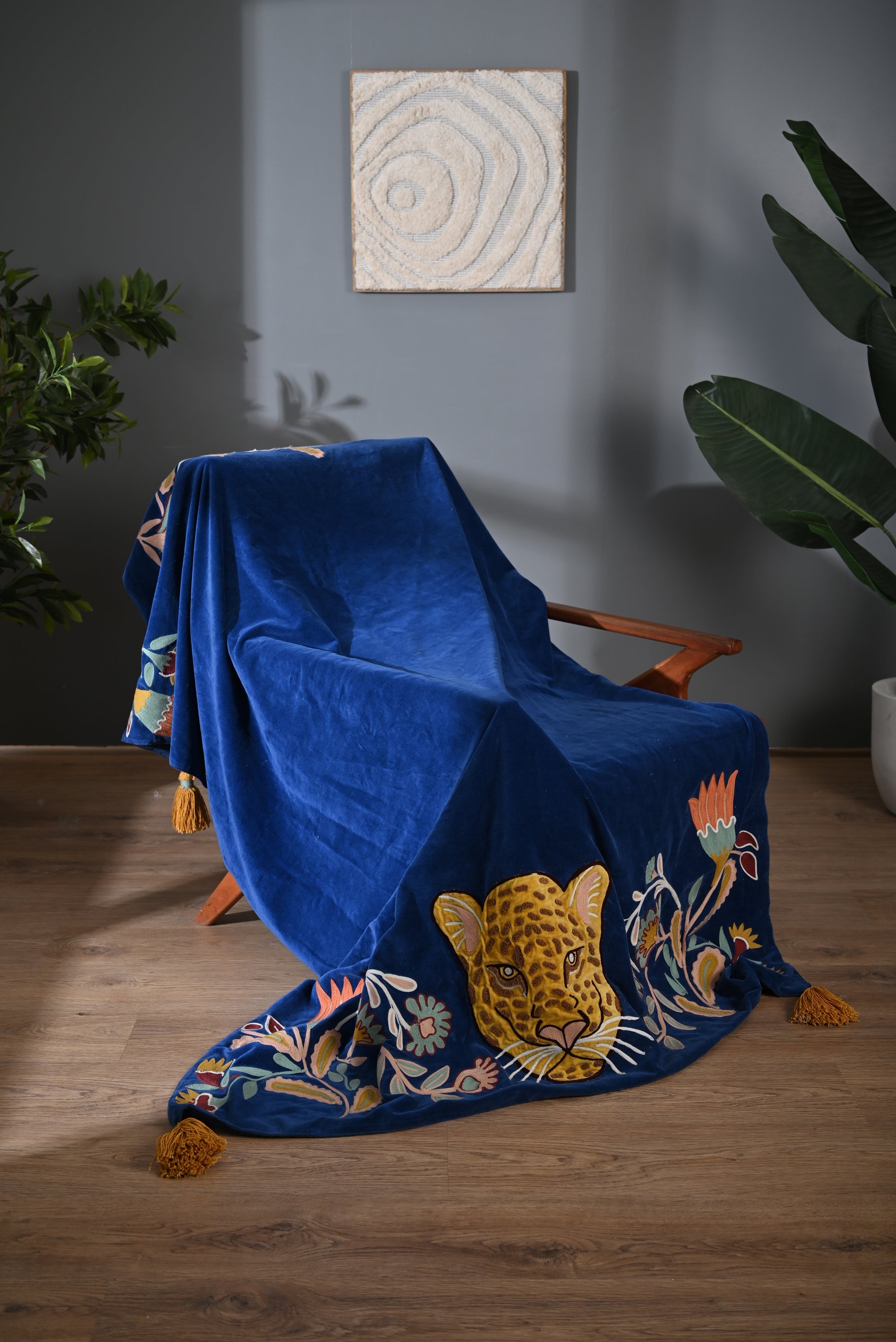 Blue Color Animal Embroidery Throw
