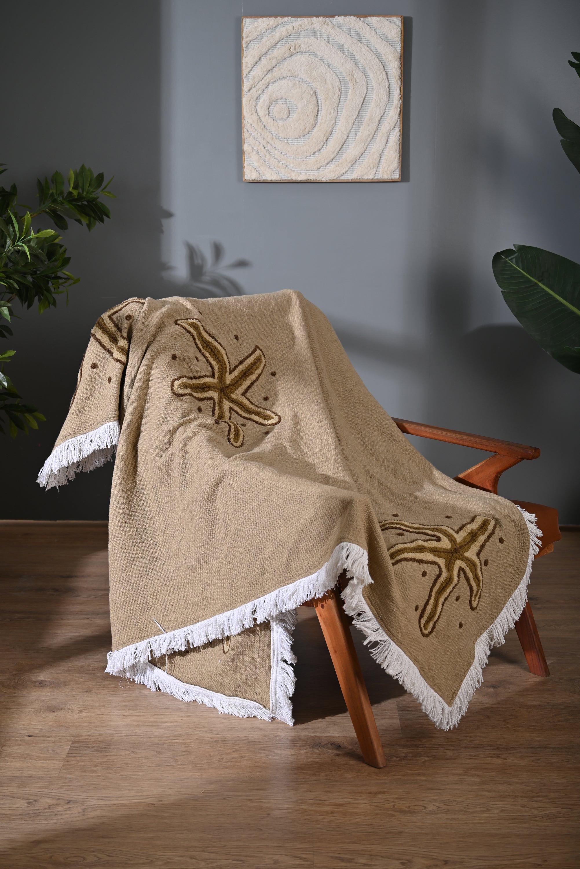 Beige Cotton Throw with Starfish Embroidery and Tassel Edges