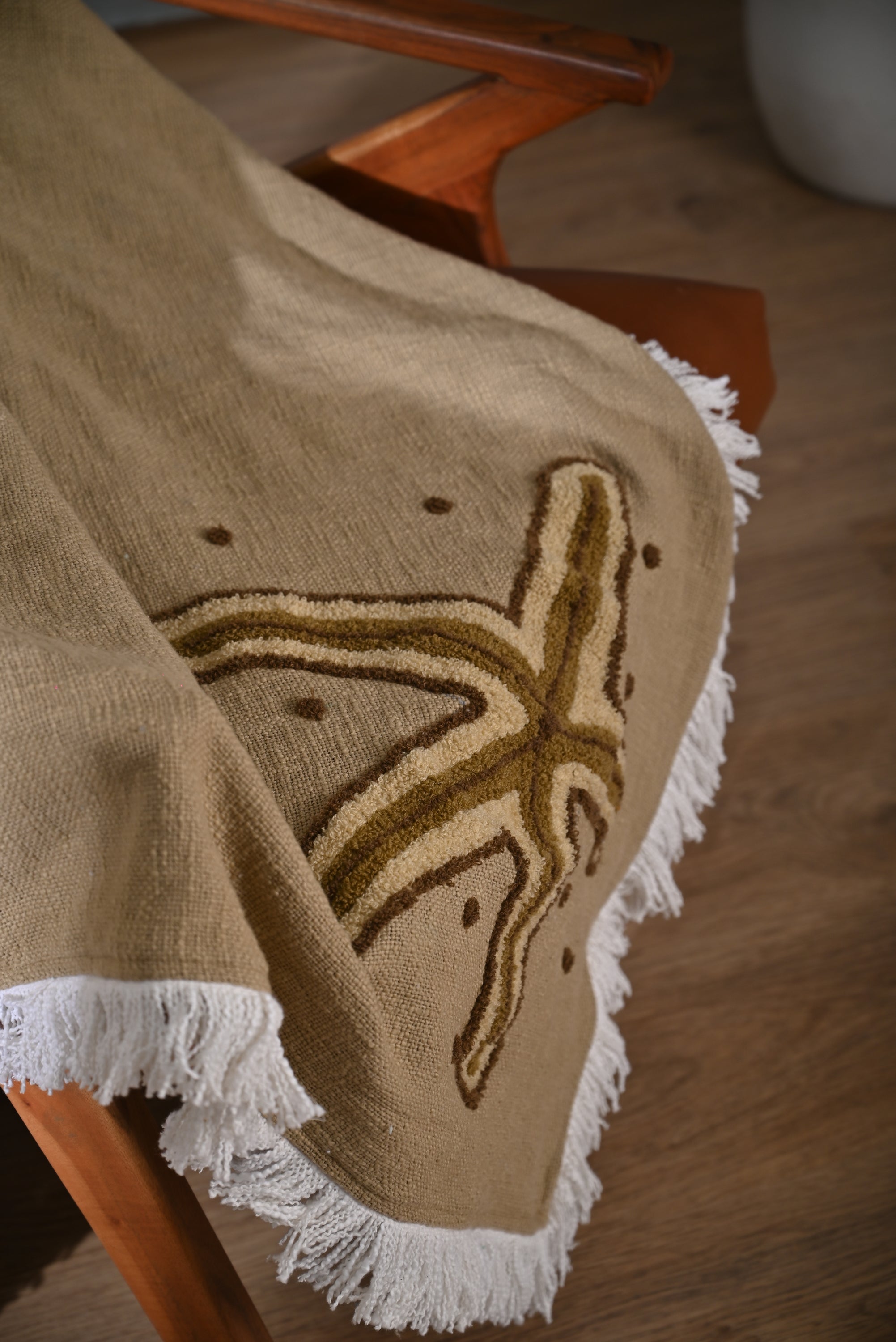 Beige Cotton Throw with Starfish Embroidery and Tassel Edges