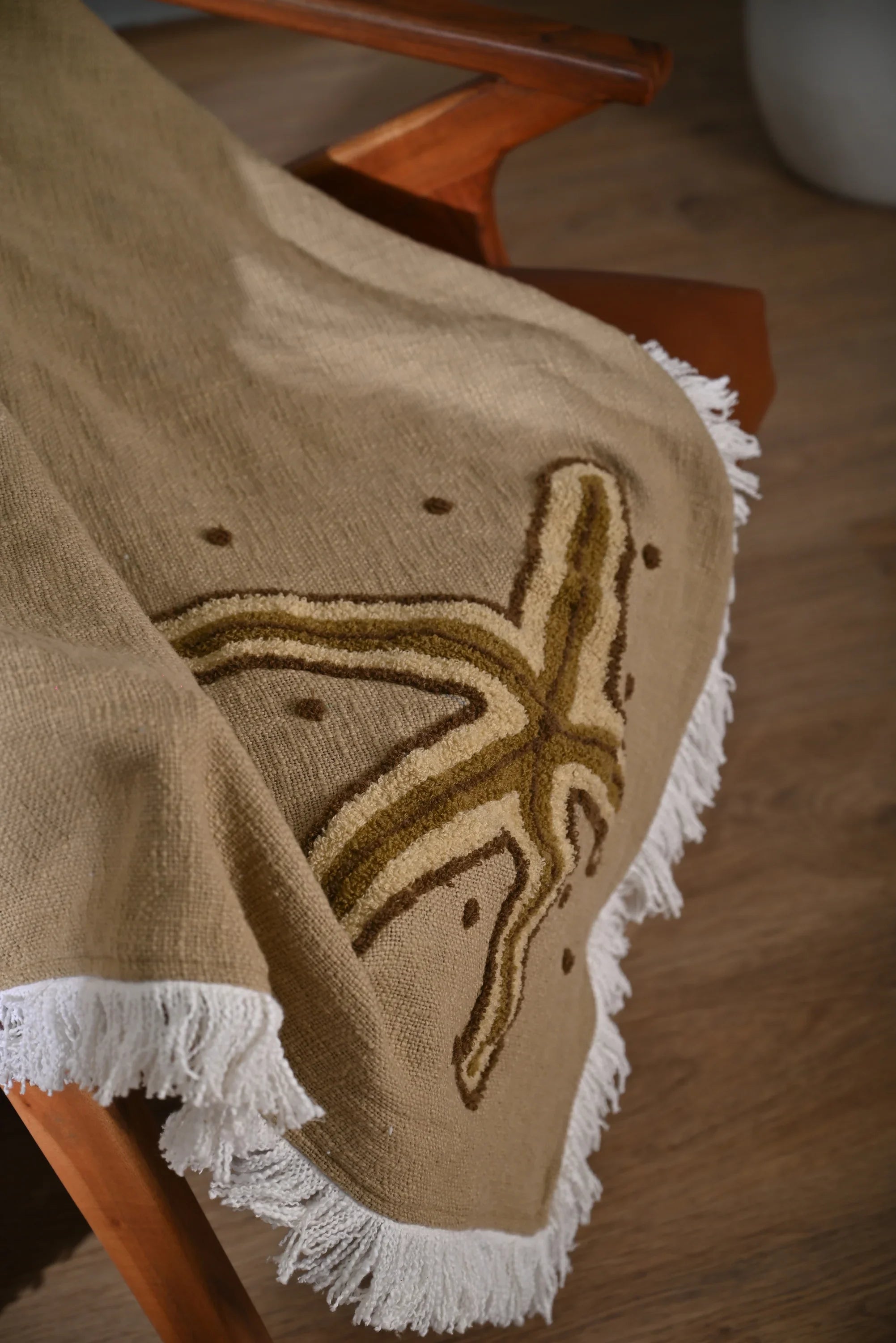 Beige Cotton Throw with Starfish Embroidery and Tassel Edges - SanskrutiHomes