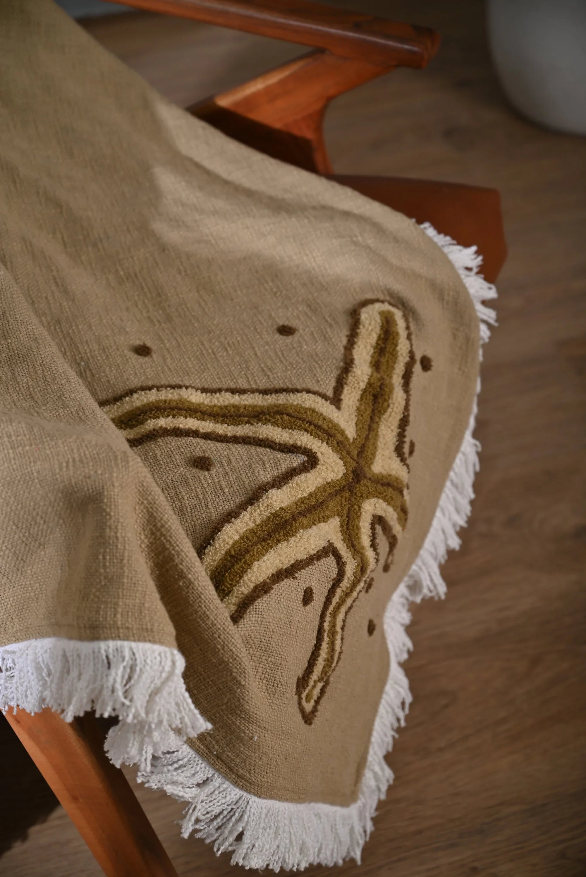 Beige Cotton Throw with Starfish Embroidery and Tassel Edges - SanskrutiHomes