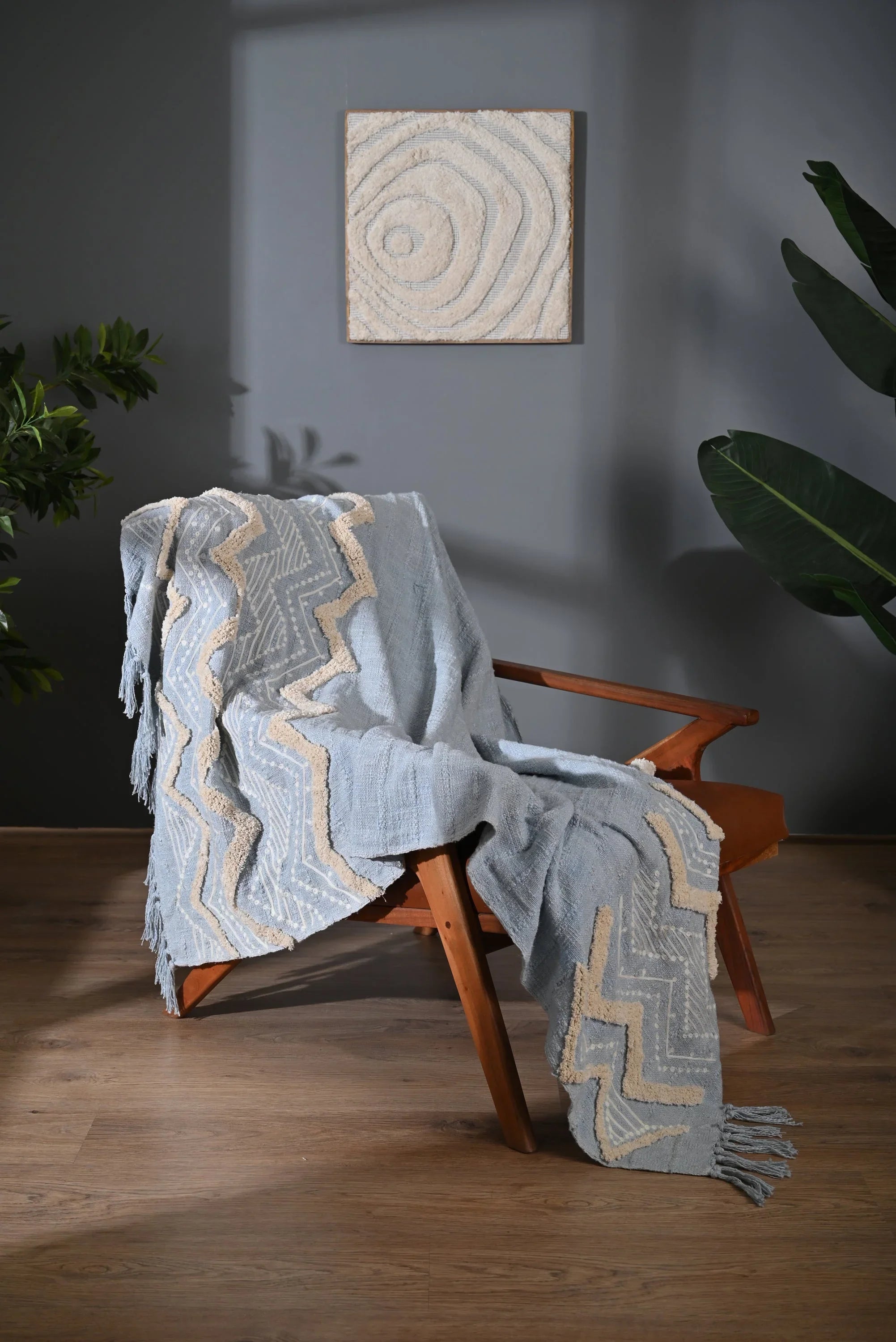 Blue Color Zig Zag Design Embroidery Throw