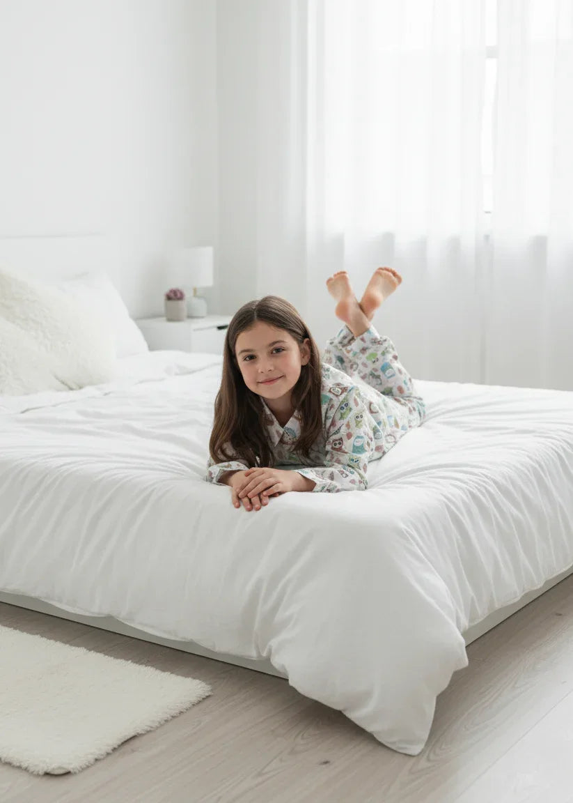 White Abstract Printed Pure Cotton Shirt Collar Night Suit for Kids - SanskrutiHomes