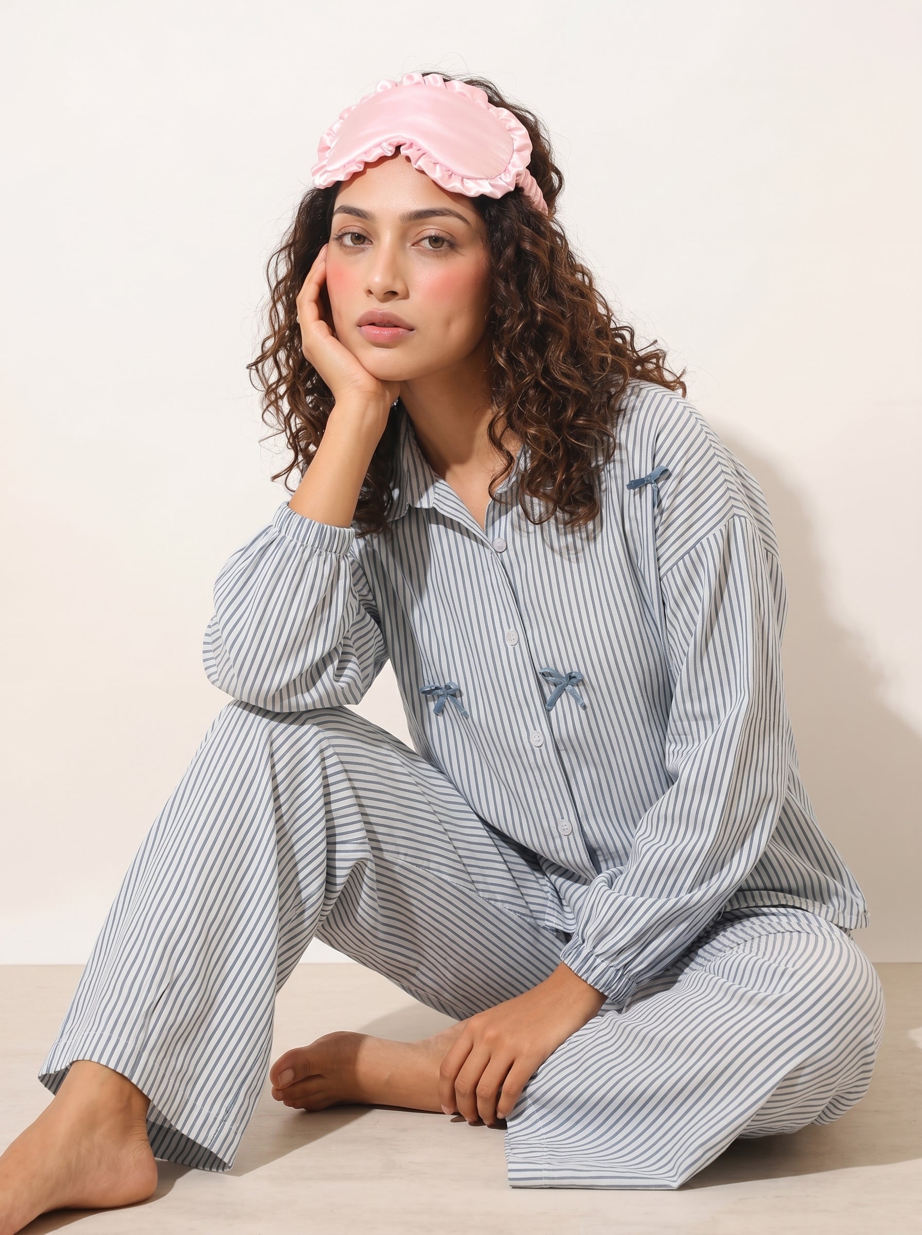 Blue Shirt Collar Striped Print Pure Cotton Night Suit For Women