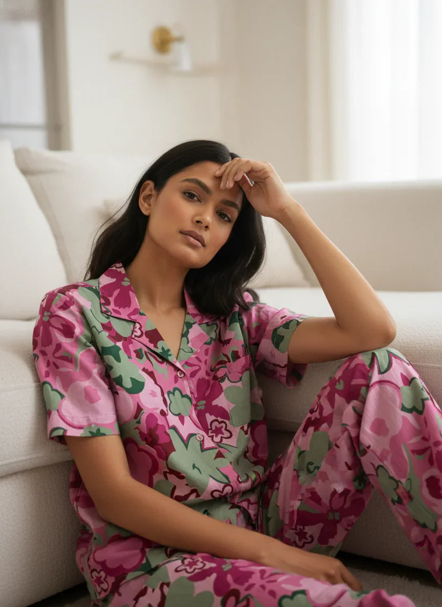 Pink Floral Lapel Collar Printed Pure Cotton Night Suit - SanskrutiHomes