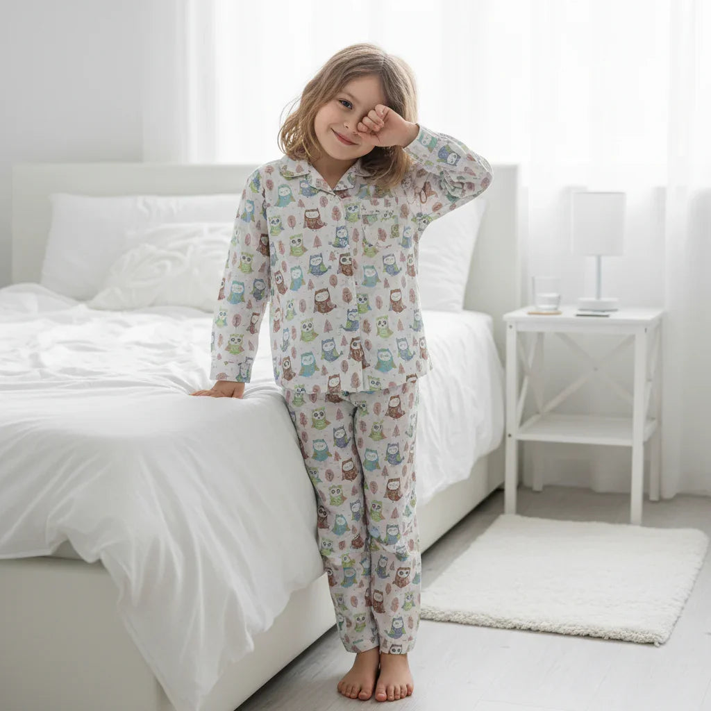 White Abstract Printed Pure Cotton Shirt Collar Night Suit for Kids - SanskrutiHomes