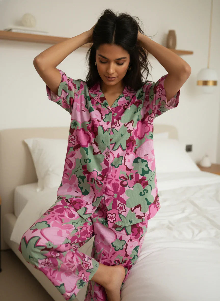 Pink Floral Lapel Collar Printed Pure Cotton Night Suit - SanskrutiHomes