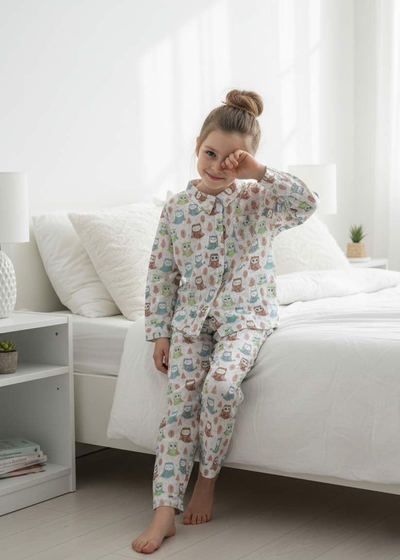 White Abstract Printed Pure Cotton Shirt Collar Night Suit for Kids