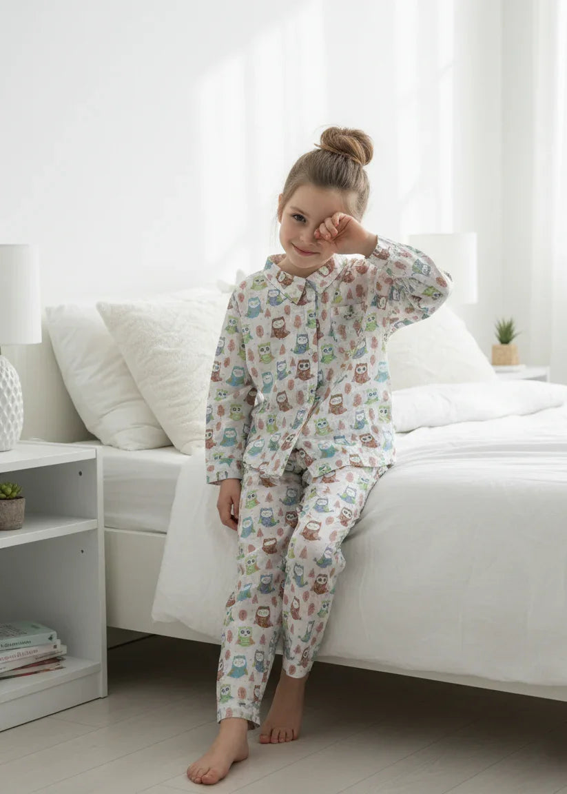 White Abstract Printed Pure Cotton Shirt Collar Night Suit for Kids - SanskrutiHomes