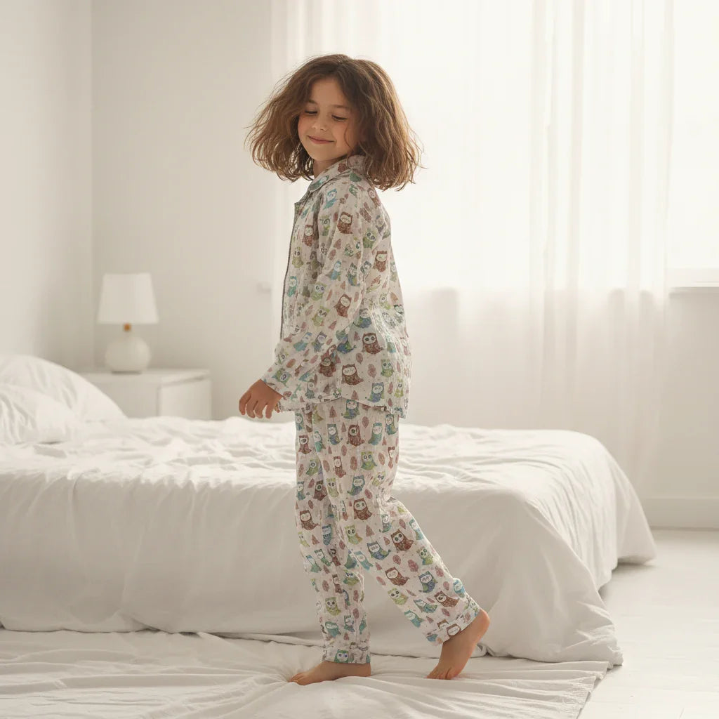 White Abstract Printed Pure Cotton Shirt Collar Night Suit for Kids - SanskrutiHomes