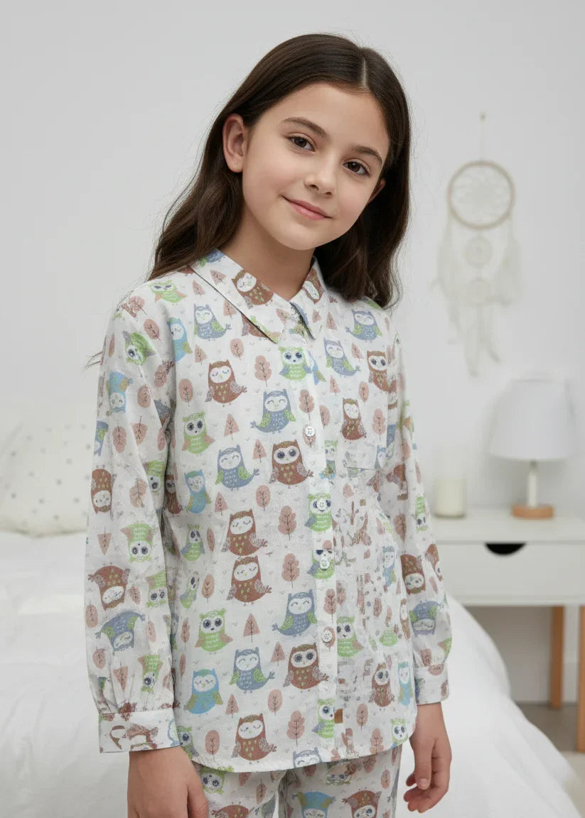White Abstract Printed Pure Cotton Shirt Collar Night Suit for Kids - SanskrutiHomes