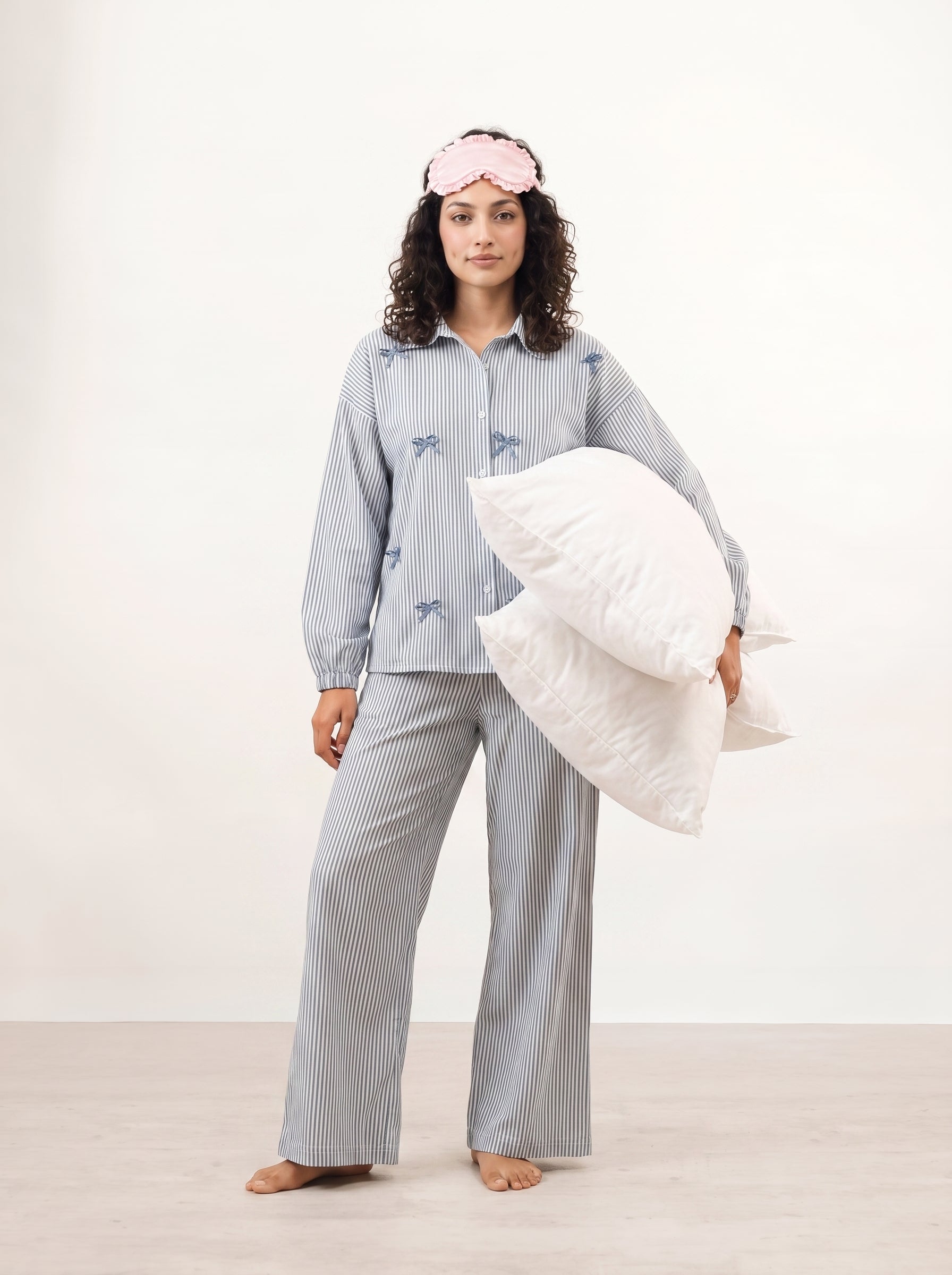 Blue Shirt Collar Striped Print Pure Cotton Night Suit For Women