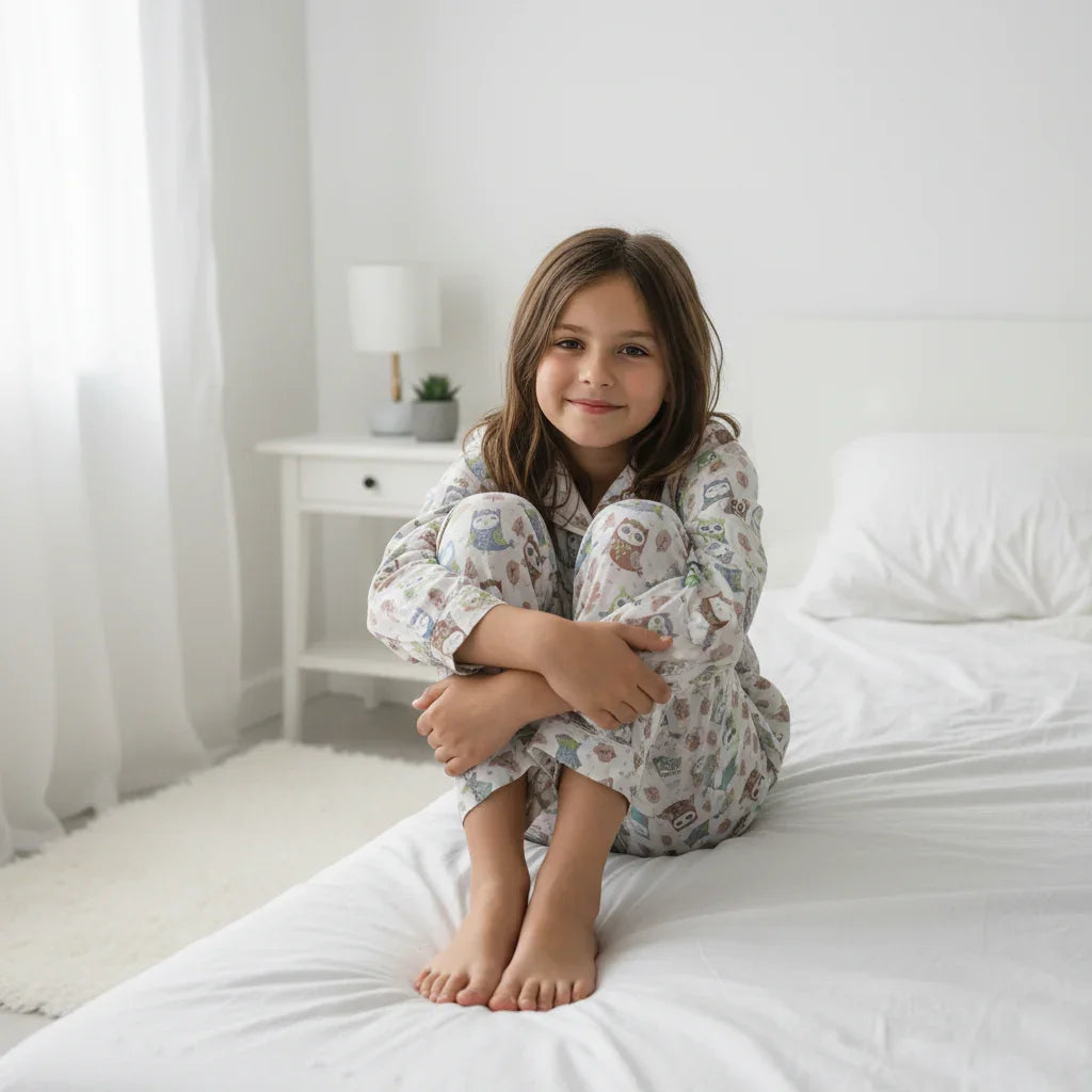 White Abstract Printed Pure Cotton Shirt Collar Night Suit for Kids - SanskrutiHomes