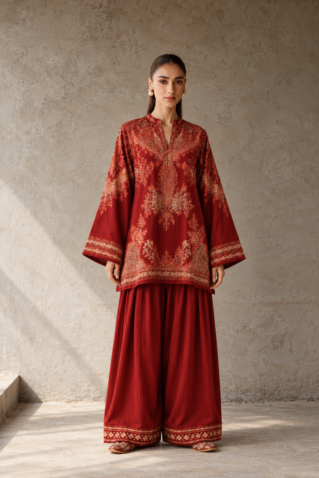 Red Mandarin Neck Paisley Print Tunic & Farshi Salwar Co-Ord Set For Women