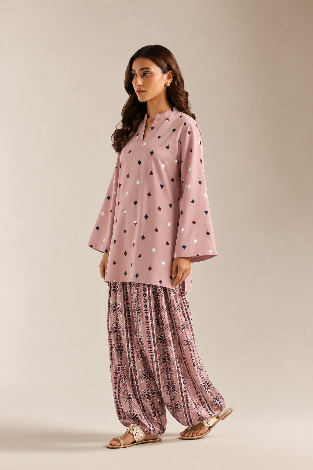 Pink Geometric Leaf Print Tunic & Striped Farshi Salwar Co-Ord Set For Women