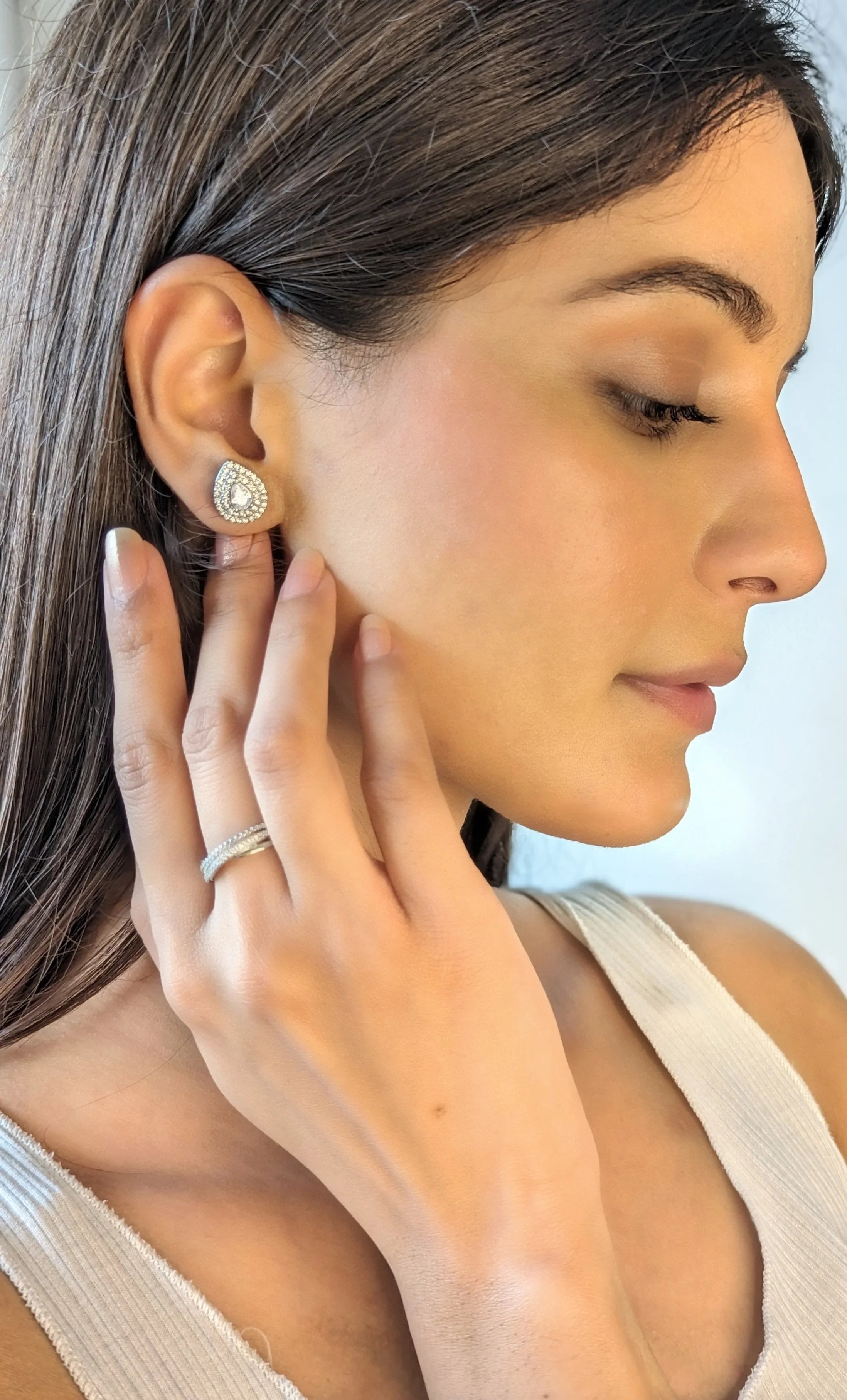 Pear Solitaire studded with small zircons Sterling Silver Stud Earrings - SanskrutiHomes