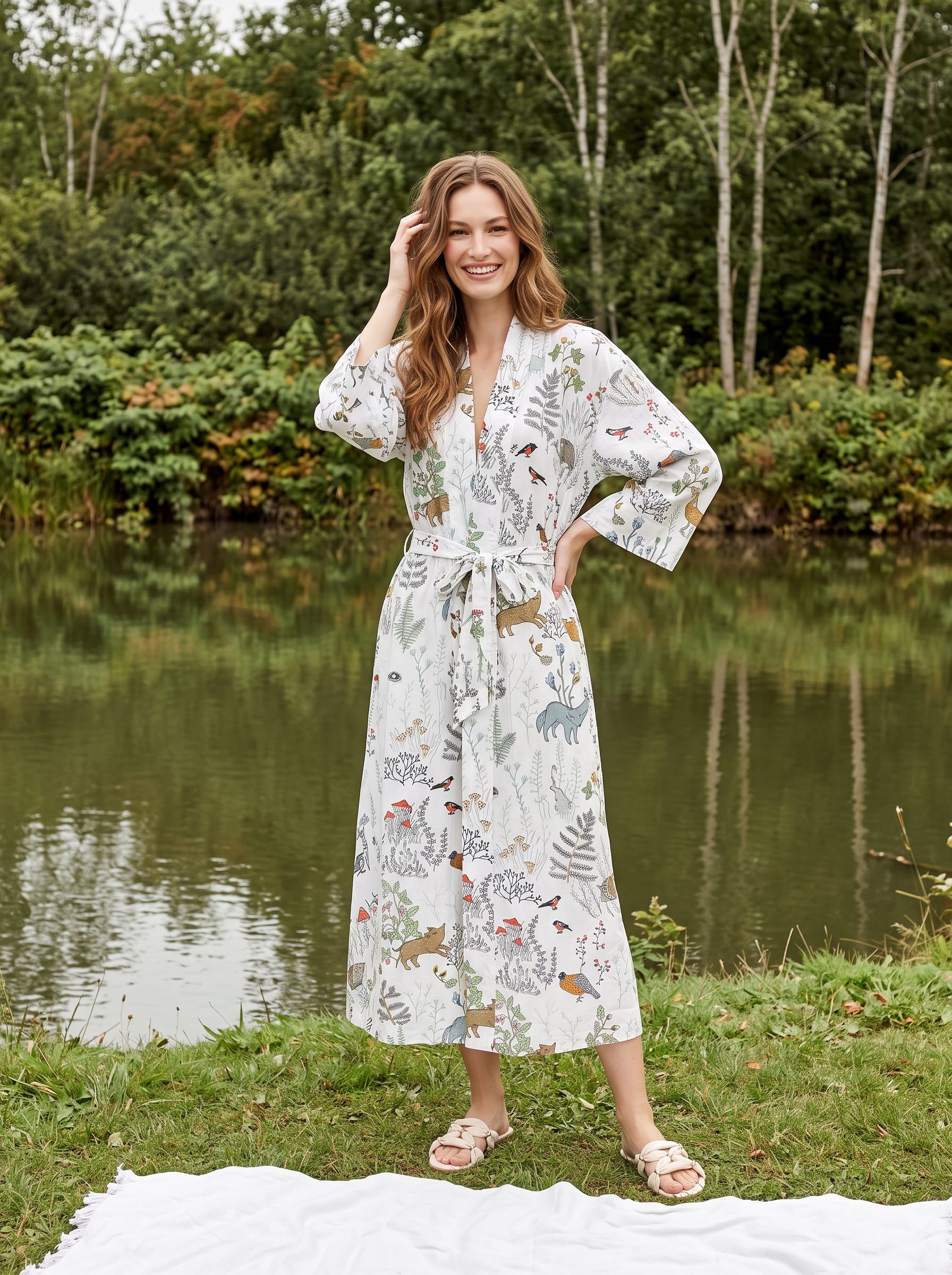 White V-Neck Floral Print Knee-Length Cotton Bathrobe For Women