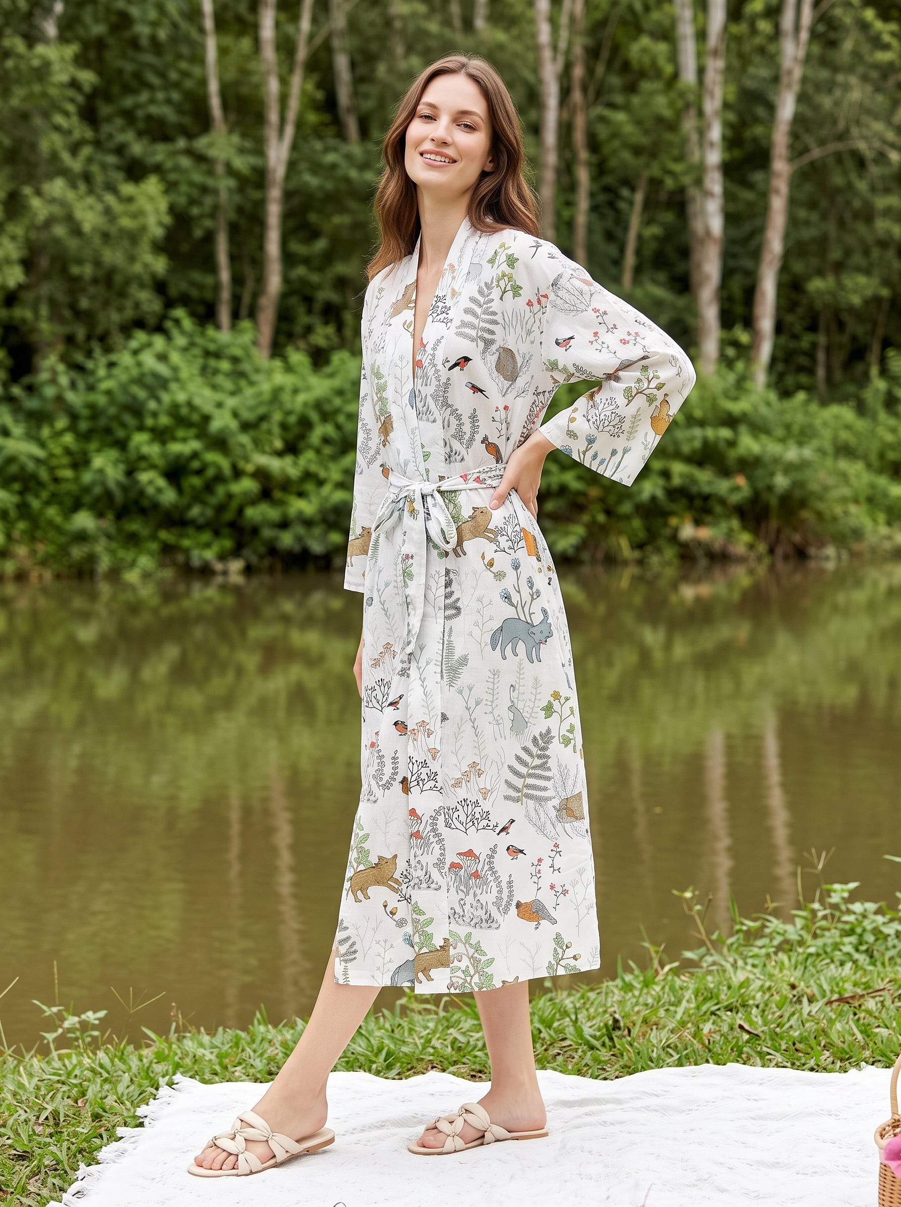 White V-Neck Floral Print Knee-Length Cotton Bathrobe For Women
