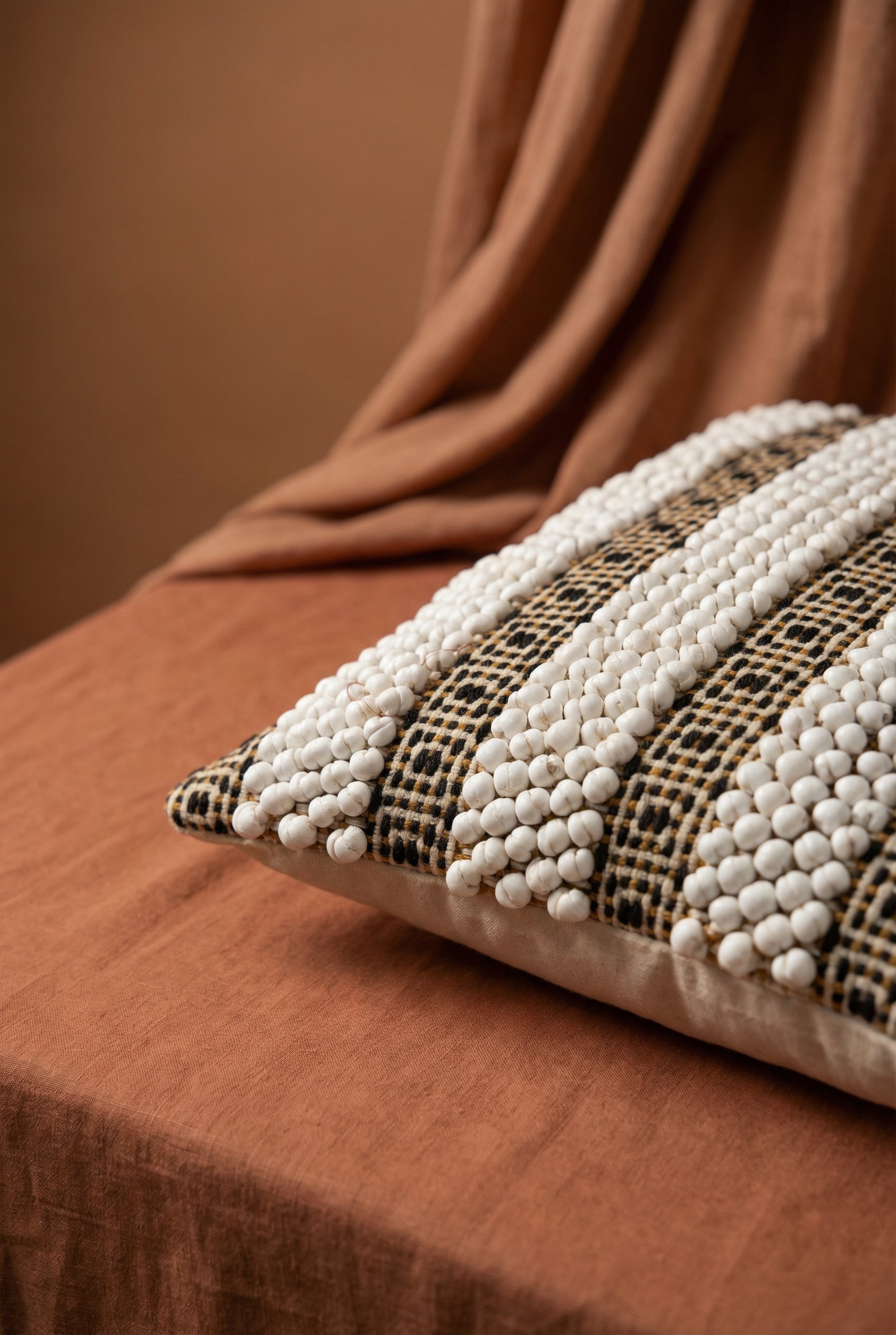 White Squared Cotton Cushion Cover with Textured Stripe Design