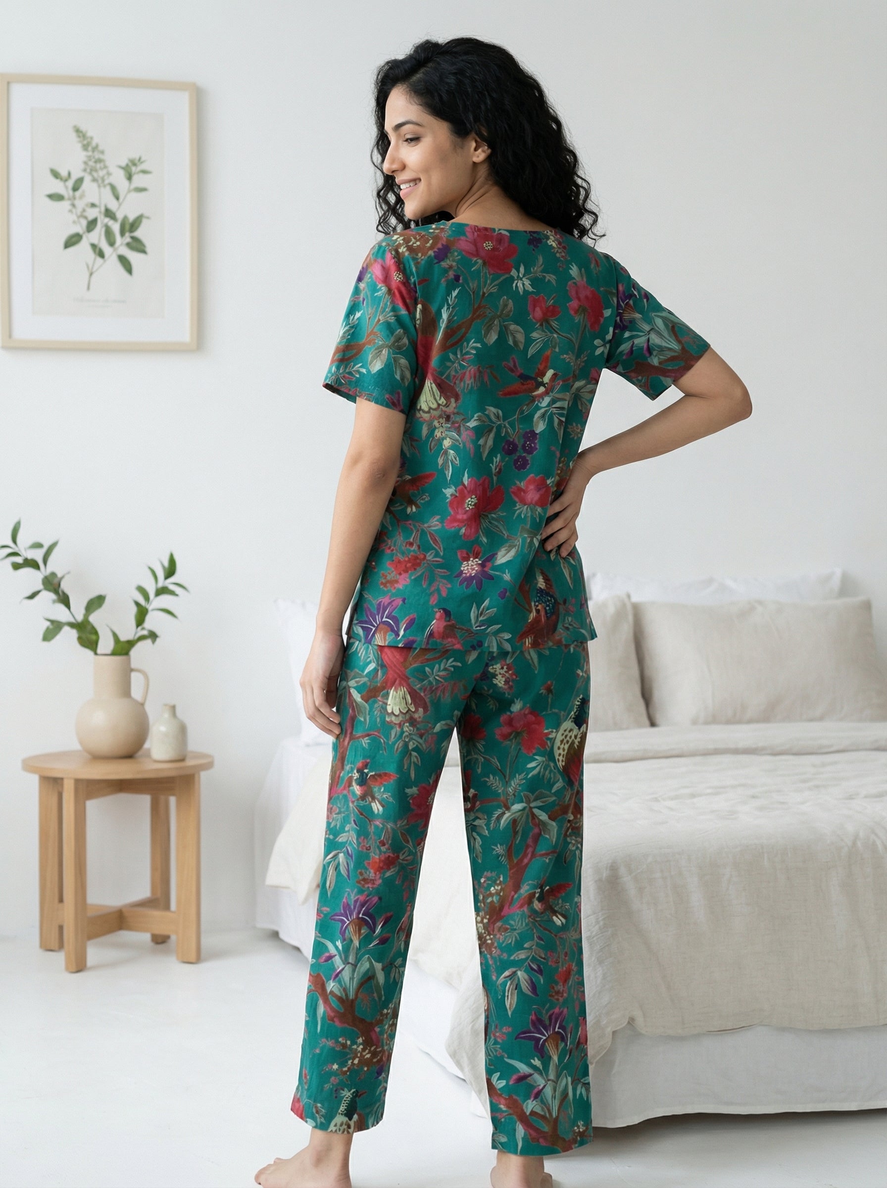 Teal Green Bird & Floral Print Round Neck Cotton Night Suit Set for Women