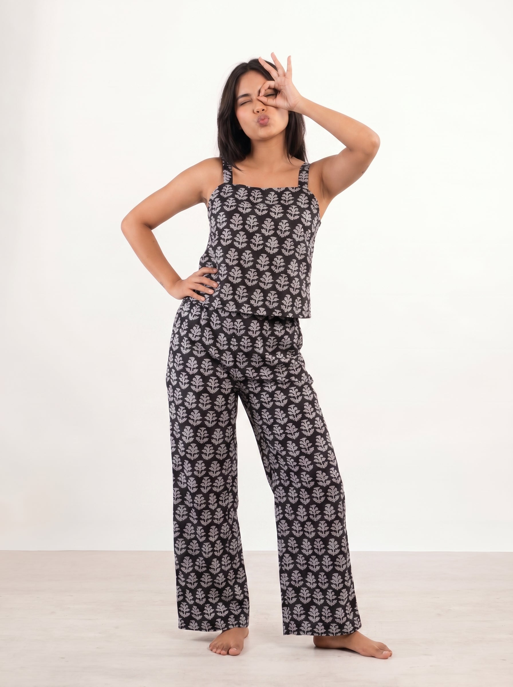 Black Square Neck Floral Print Pure Cotton Night Suit For Women