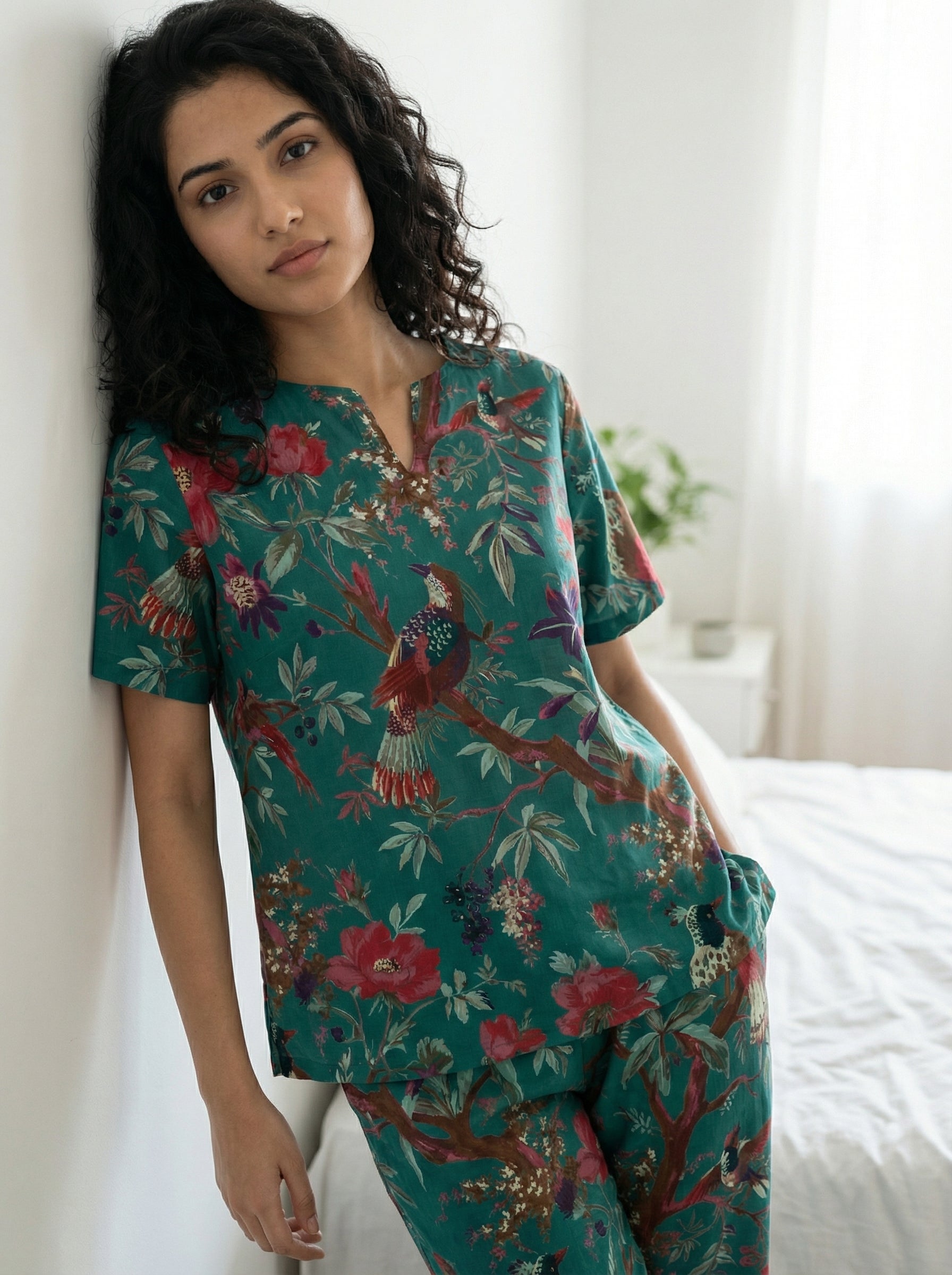 Teal Green Bird & Floral Print Round Neck Cotton Night Suit Set for Women