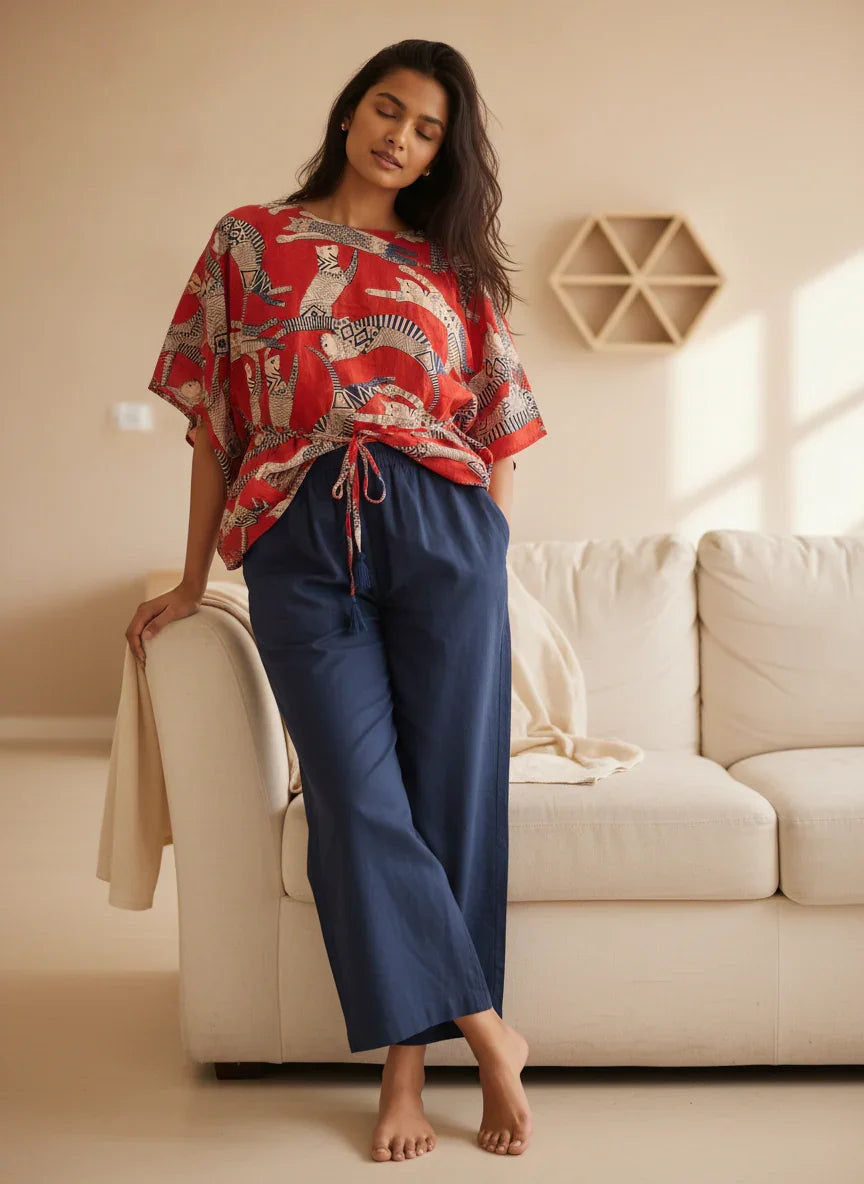 Red Dog Printed Cotton Night Suit Set - SanskrutiHomes