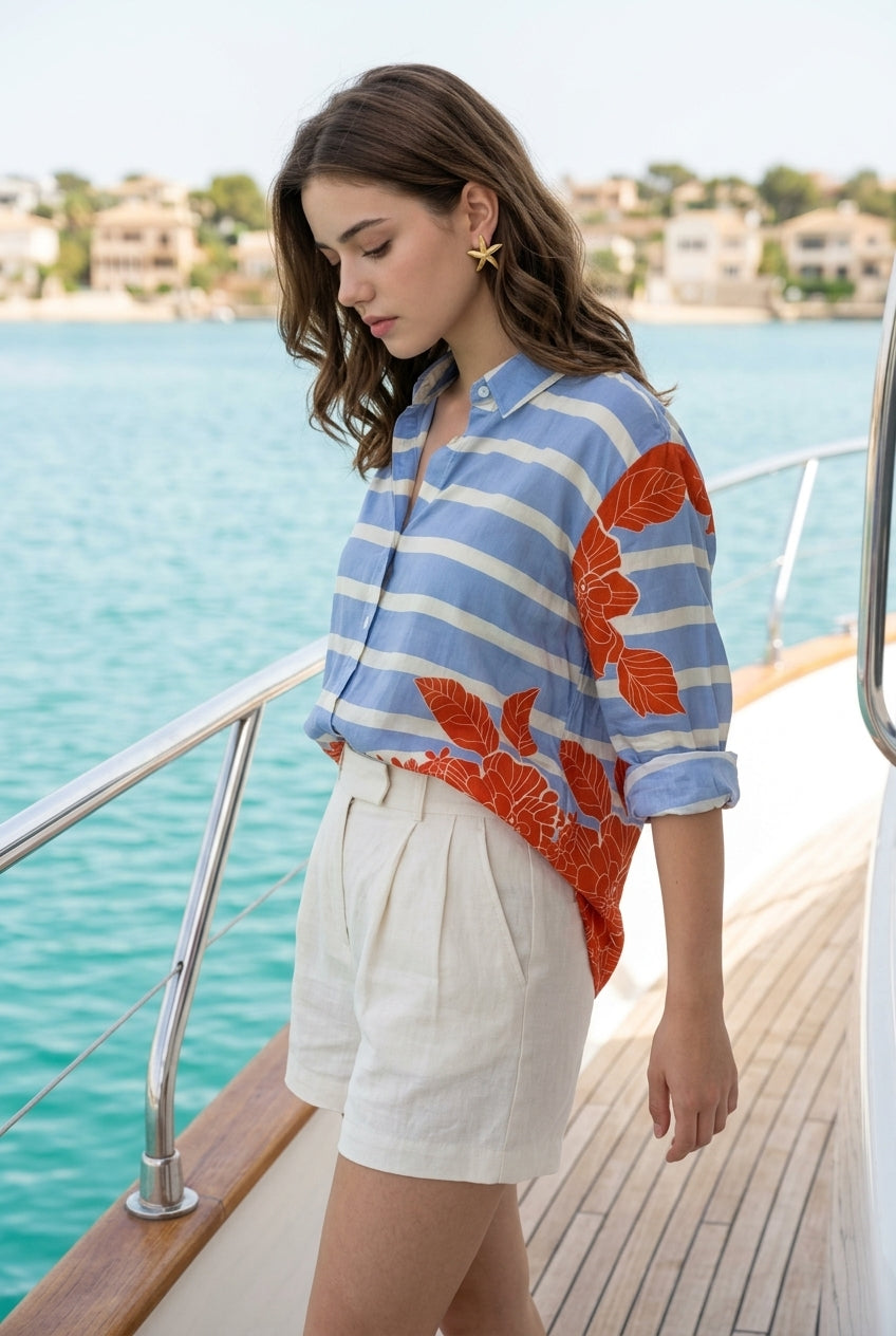 Blue Striped & Floral Print Spread Collar Long Sleeve Shirt For Women
