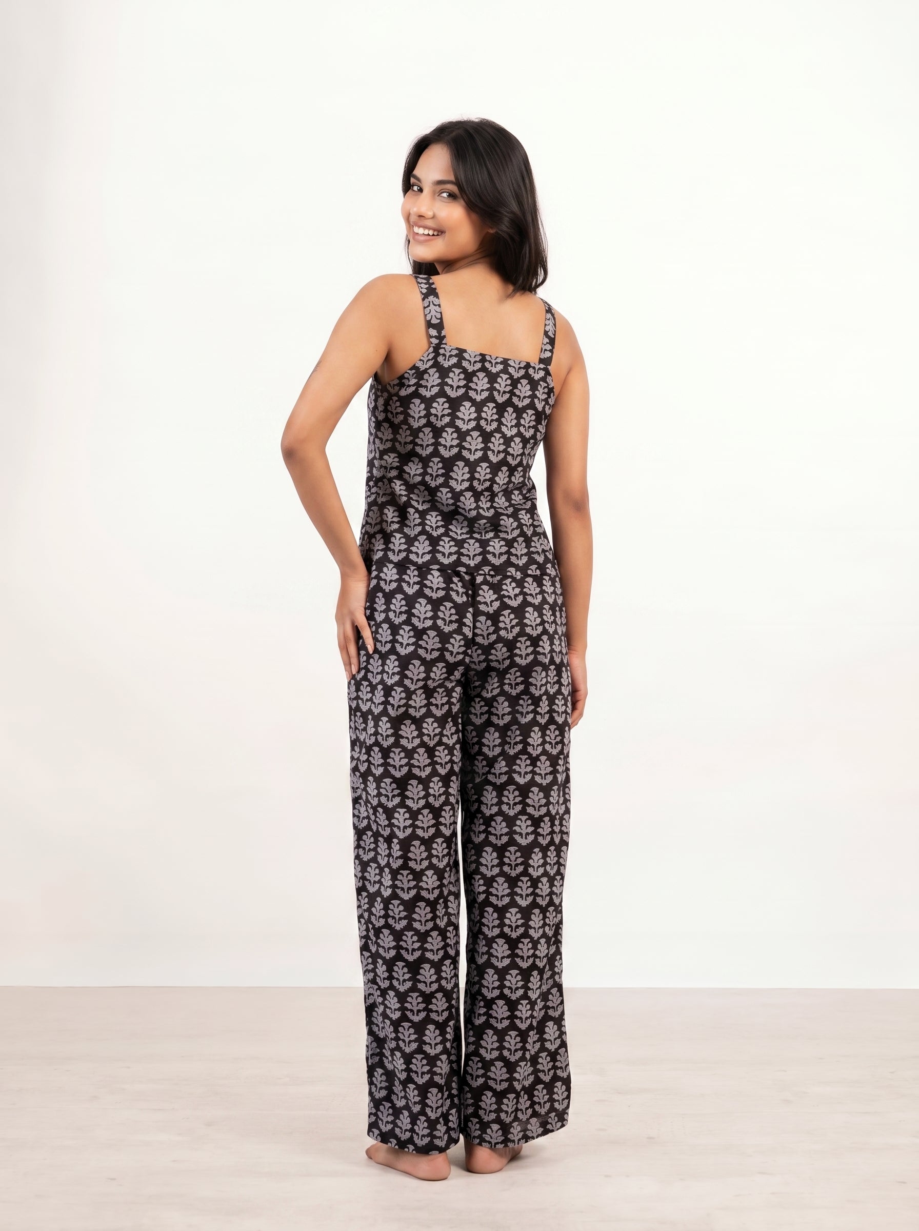 Black Square Neck Floral Print Pure Cotton Night Suit For Women