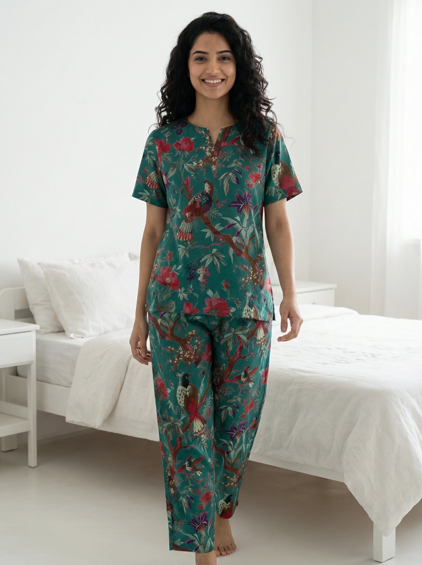 Teal Green Bird & Floral Print Round Neck Cotton Night Suit Set for Women