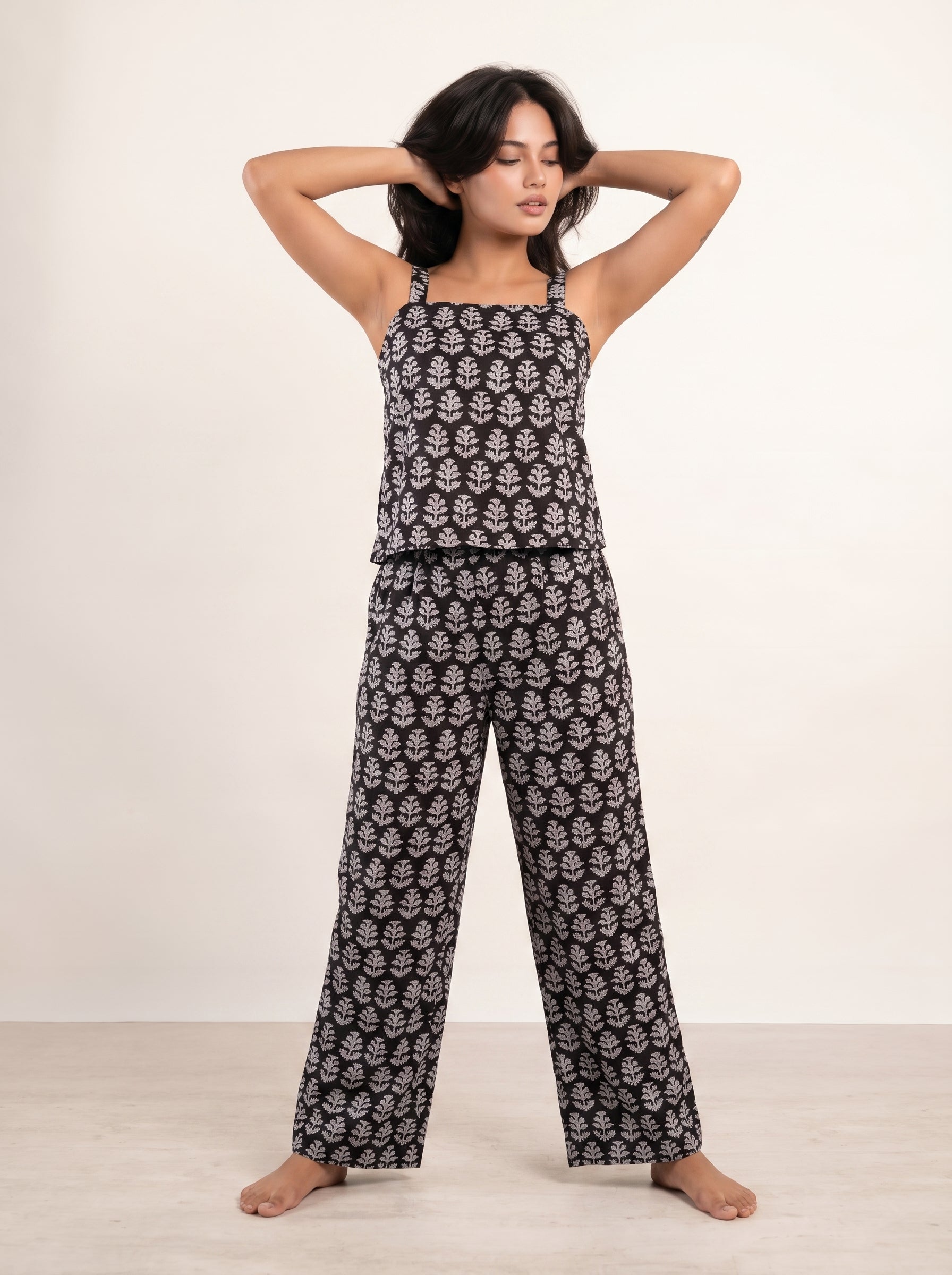 Black Square Neck Floral Print Pure Cotton Night Suit For Women