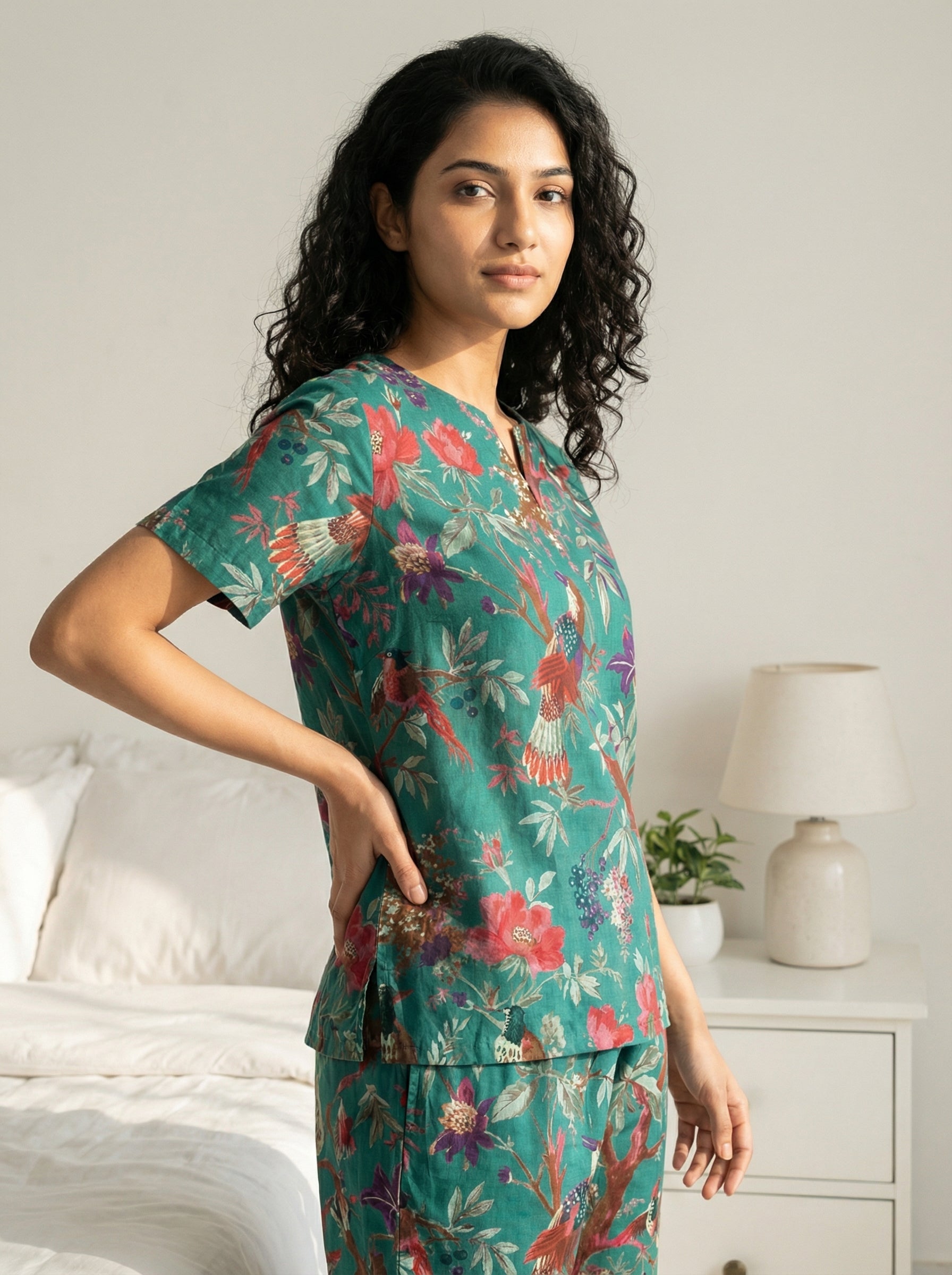 Teal Green Bird & Floral Print Round Neck Cotton Night Suit Set for Women