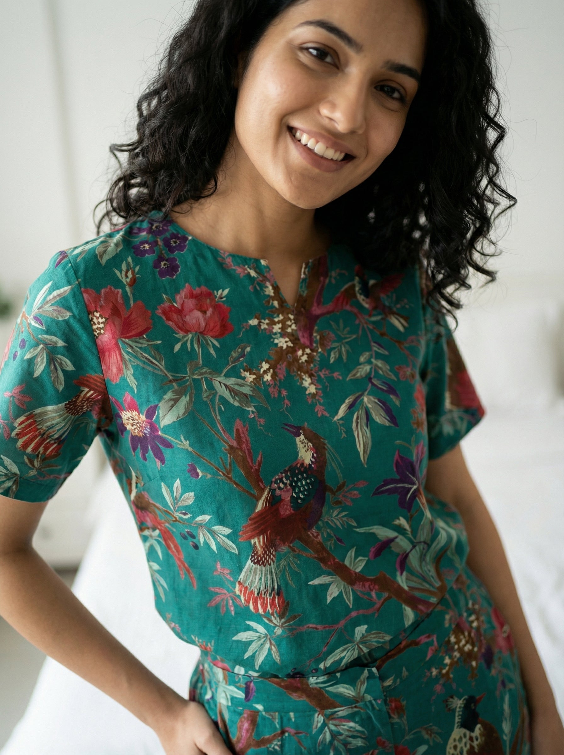 Teal Green Bird & Floral Print Round Neck Cotton Night Suit Set for Women