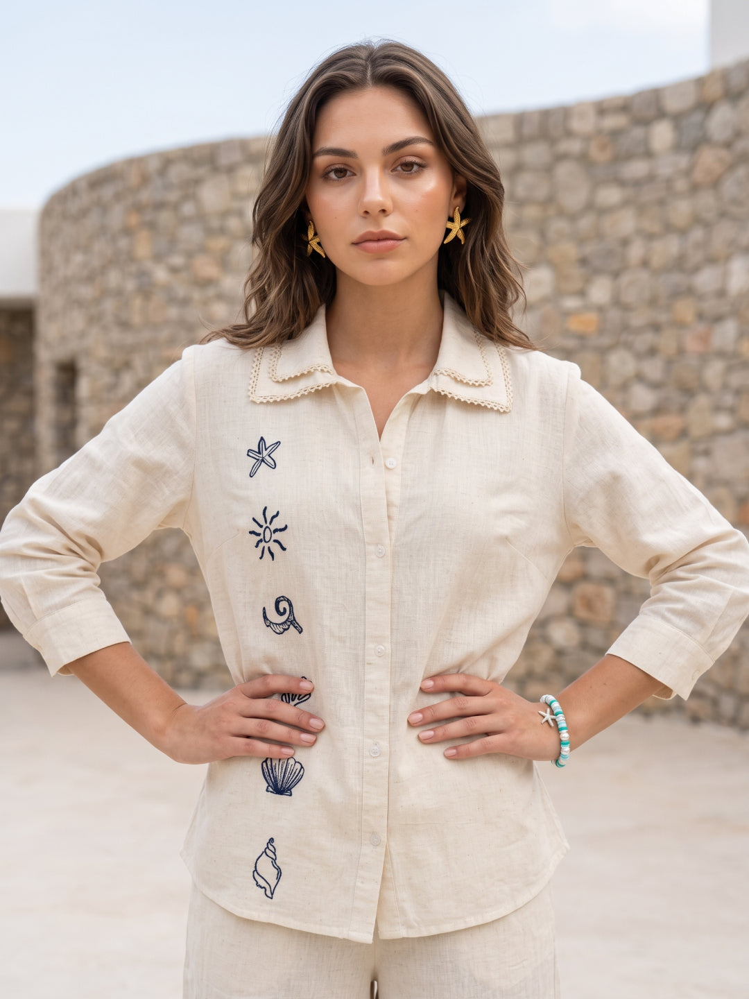 Off White Conversational Print Shirt Collar Pure Cotton Co-Ord Set For Women