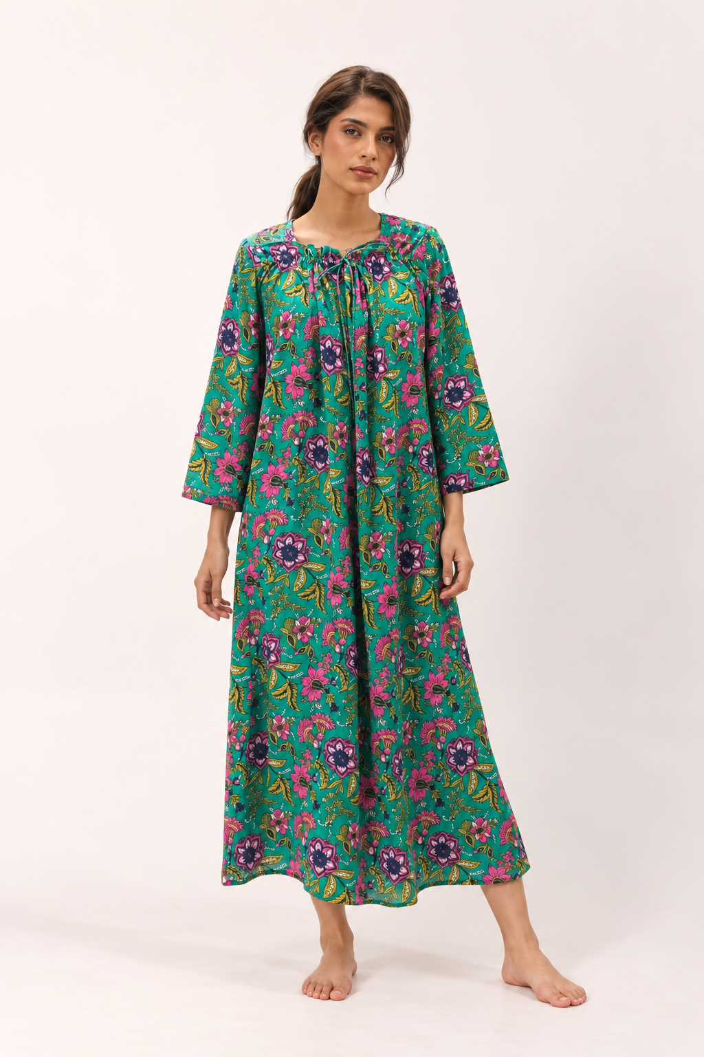 Green Floral print Square Neck Maxi Pure Cotton Nighty For Women